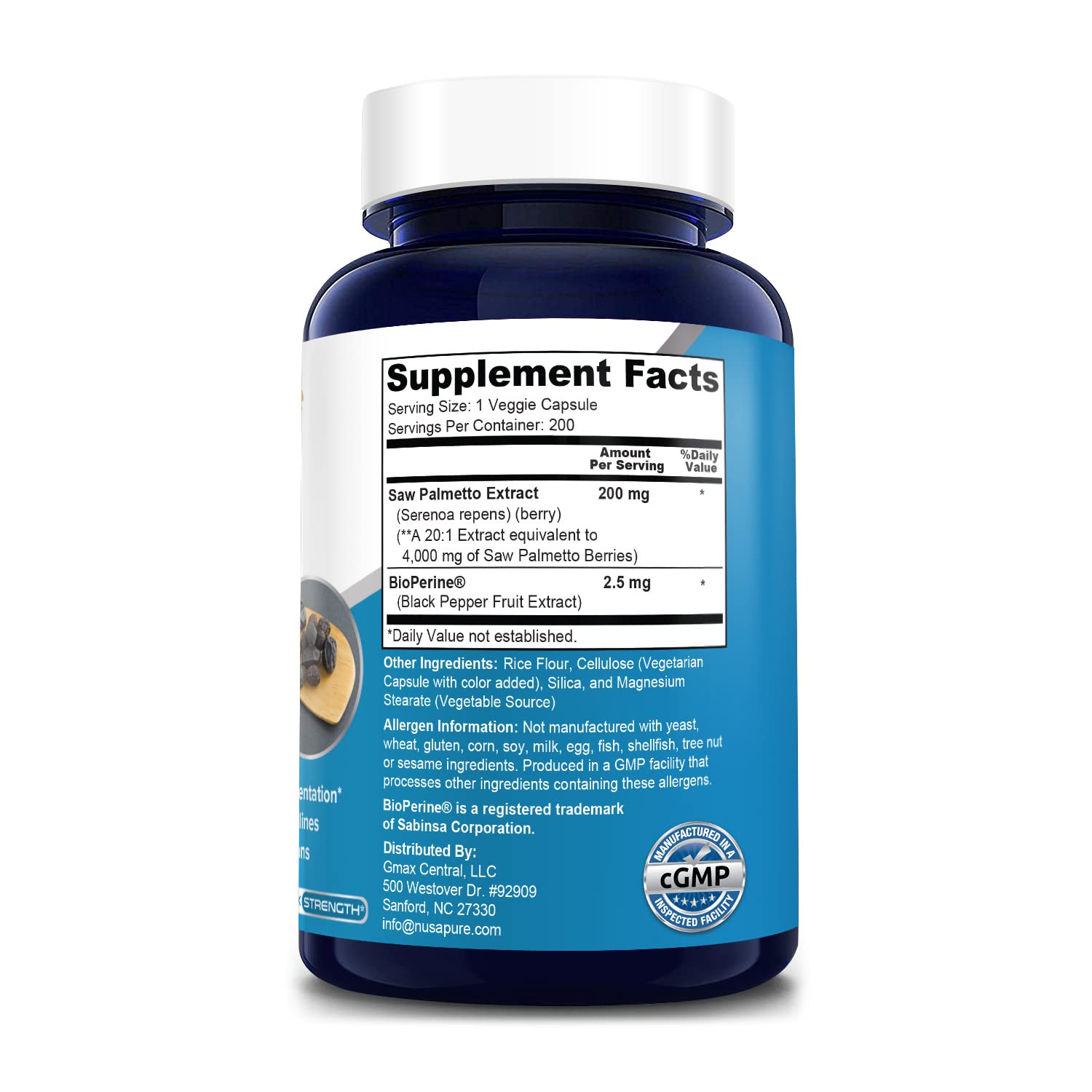 NusaPure Saw Palmetto 4,000mg per Veggie Capsule - 200 Count (20:1 Extract, Non-GMO, Gluten Free, Vegetarian with Bioperine) - Supports Prostate Health & Urinary Function for Men