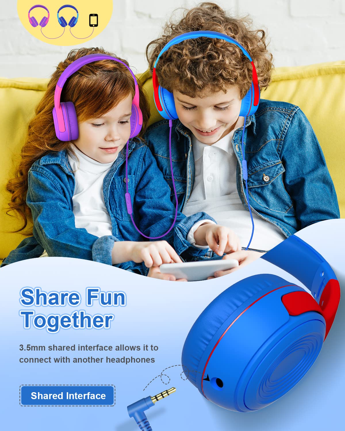 ELECDER S8 Kids Headphones with Microphone - 85dB/94dB Volume Limited, Adjustable Wired Headphones for Boys & Girls - 3.5mm Jack Compatible with School, Kindle, Smartphones, Tablets & Airplane Travel (Blue/Red) - Perfect for Online Classes, Gaming & Long Flights