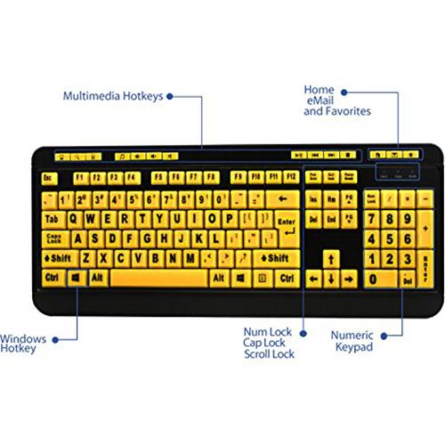 Adesso EasyTouch 132 Backlit Large Print Keyboard - 4X Oversized Keys, USB Wired Multimedia Desktop Keyboard (AKB-132UY) - Ideal for Low Vision Users, Night Typing & Office Work