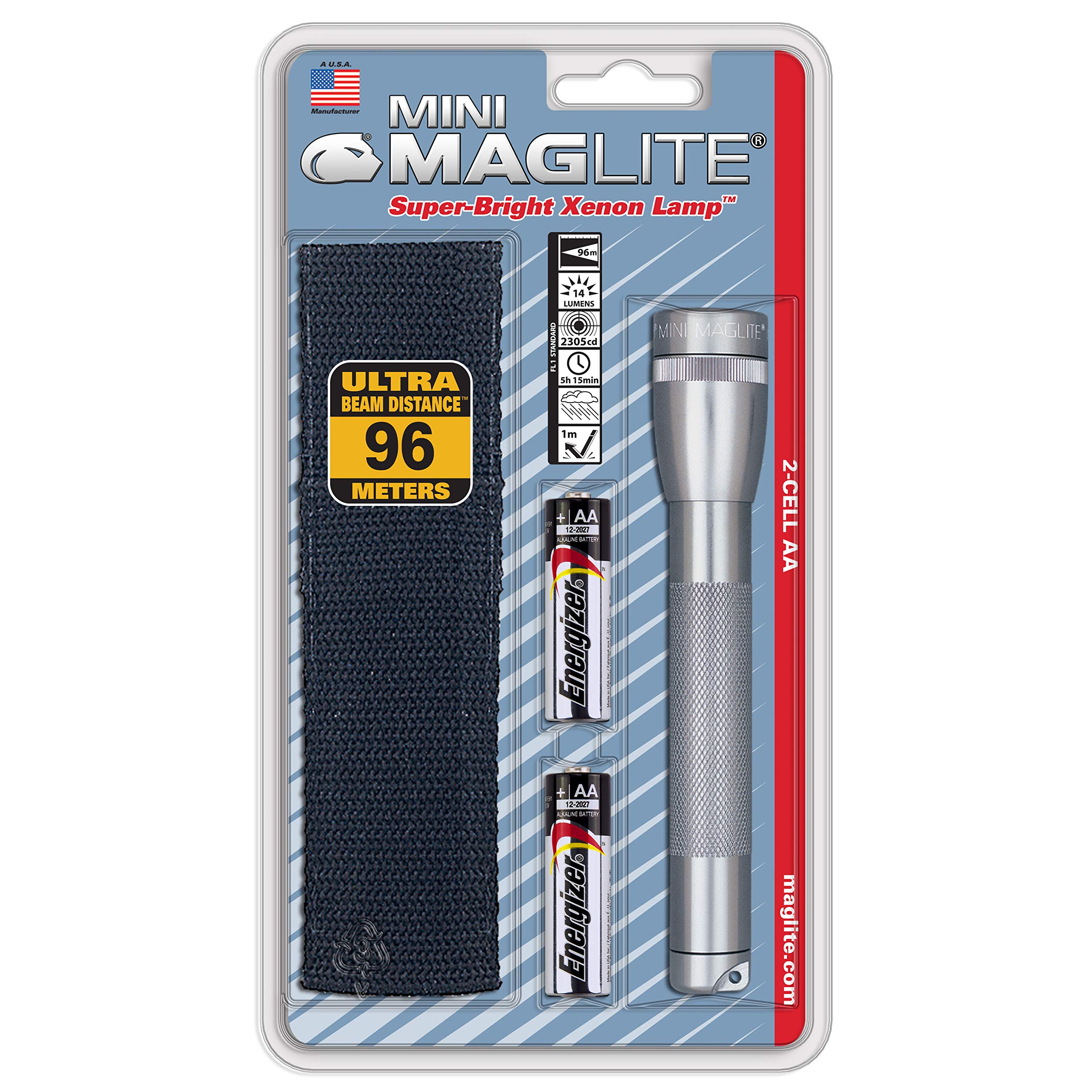 Maglite Mini Incandescent 2-Cell AA Flashlight with Holster, Gray - Compact & Durable LED Flashlight for Camping, Hiking, Emergency & Outdoor Activities