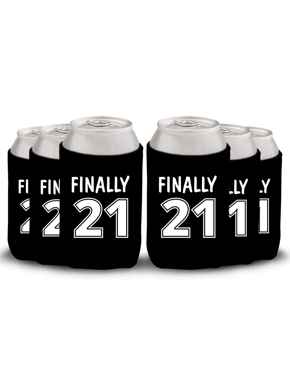 21st Birthday Party Can Cooler Set of 6 - Black Insulated Beer Bottle Holder for Finally 21 Celebrations - Perfect for Birthday Parties, Barbeques, and Outdoor Events
