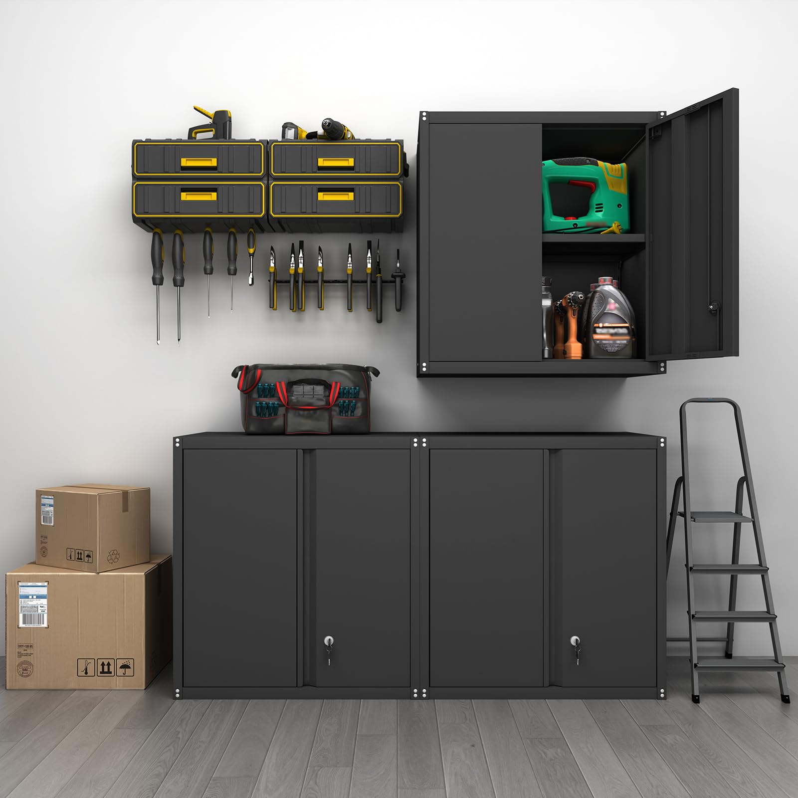 GREATMEET Black Metal Wall Mounted Storage Cabinet with Lock & Adjustable Shelf - Heavy Duty Garage Utility Cabinet for Tools, Workshop Organization & Home Storage