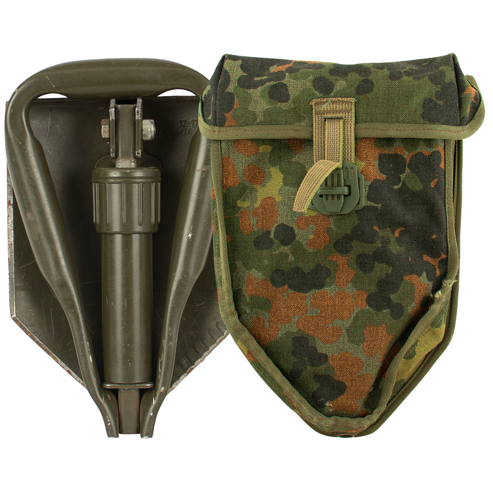German Tri-Fold Military Shovel with Flektarn Camo Case - Compact Folding Spade for Camping, Hiking, Survival & Outdoor Adventures