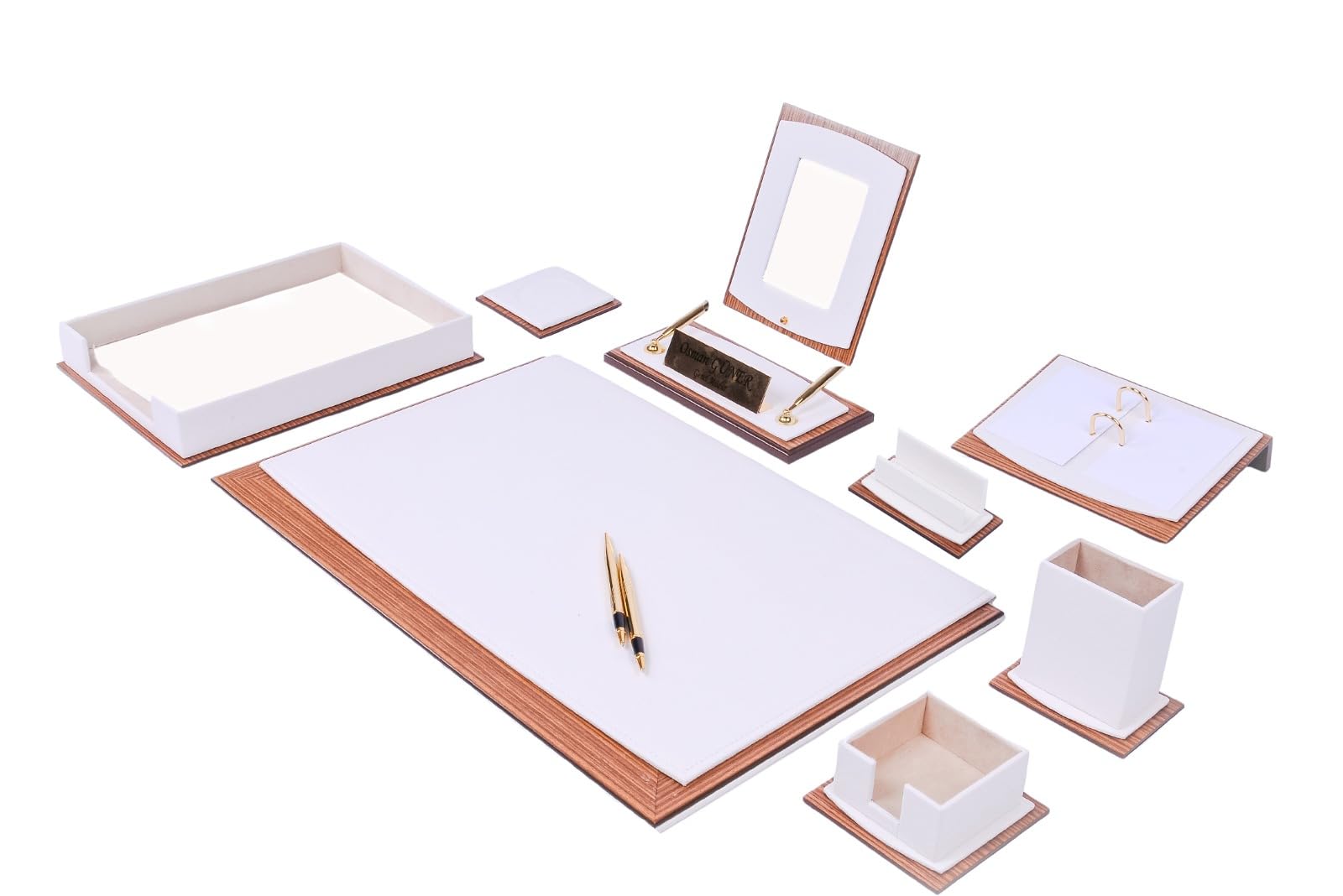 Premium 11-Piece Leather & Wood Desk Organizer Set with Single Tray - Luxury Office Stationery for Professionals & Home Office (White) - Perfect for Executive Desks, Workstations & Gift Giving