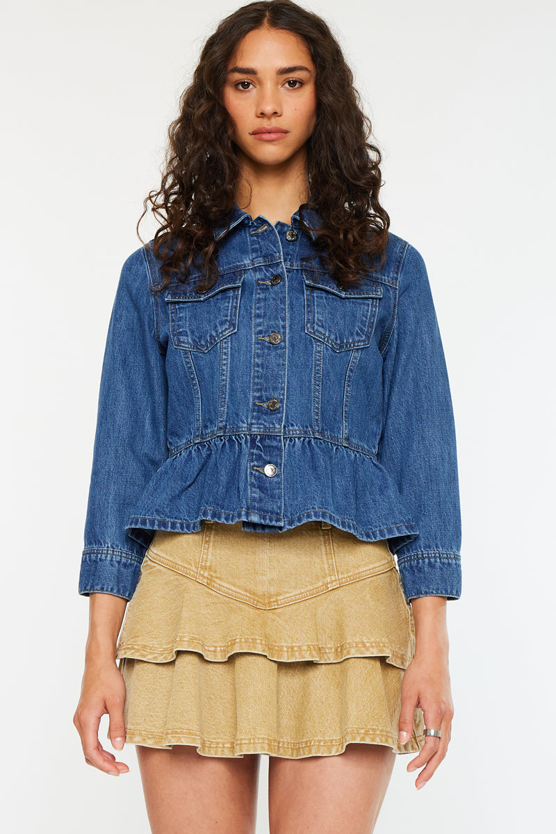 Marilou Peplum Denim Jacket for Women - Stylish Distressed Denim Coat with Ruffled Hem | Perfect for Casual Outings, Date Nights & Spring Layering