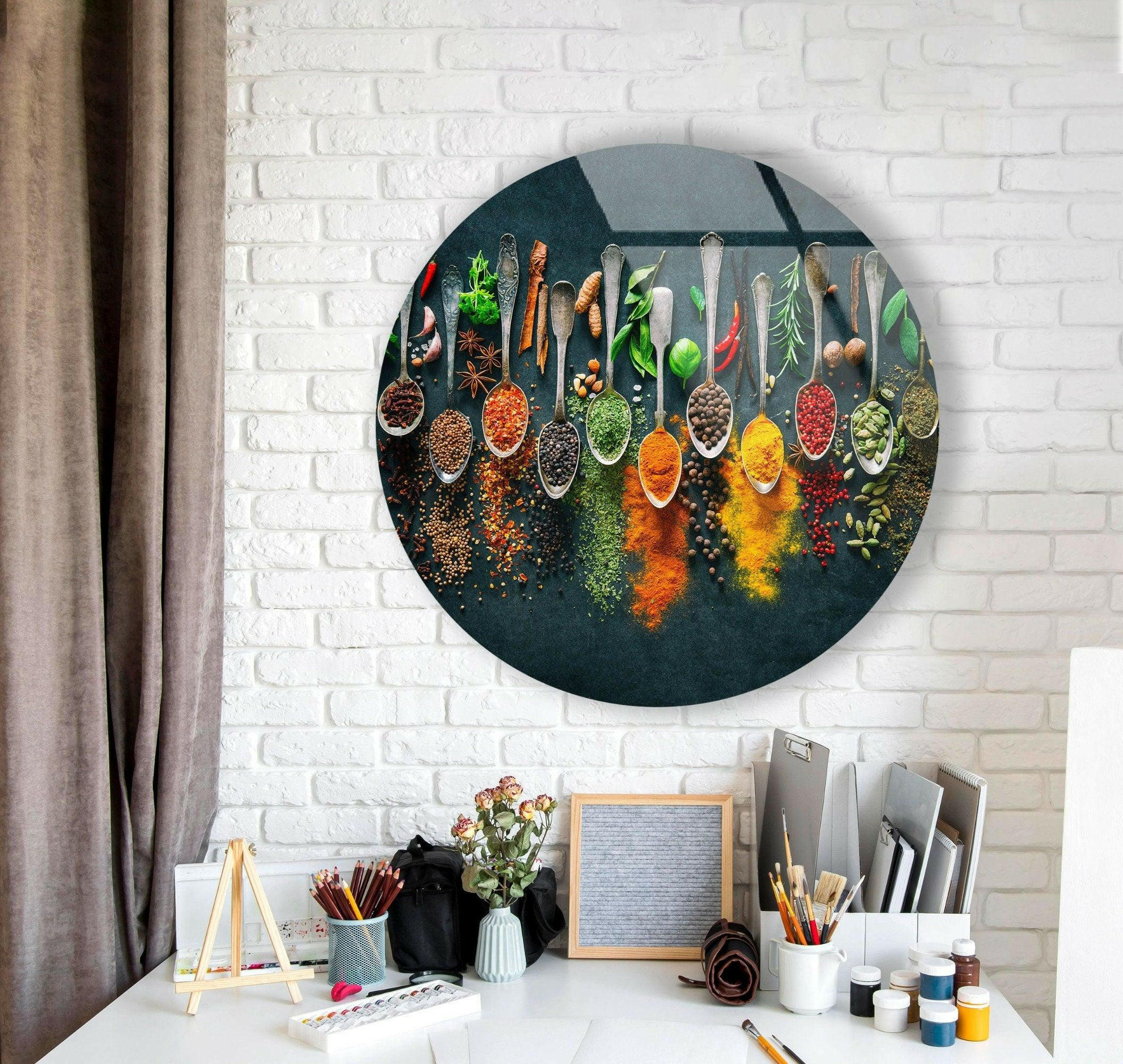 Vibrant Herbs Round Glass Wall Decor - Botanical Kitchen Art for Home, Office & Garden Decor