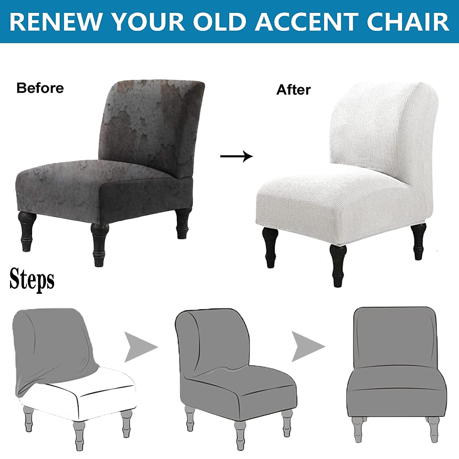 Stretch Armless Accent Chair Slipcover - Washable Furniture Protector for Single Sofa Chairs - Perfect for Home & Hotel Decor (White, 2-Pack) | Living Room, Bedroom, Office & Guest Room Seating Protection