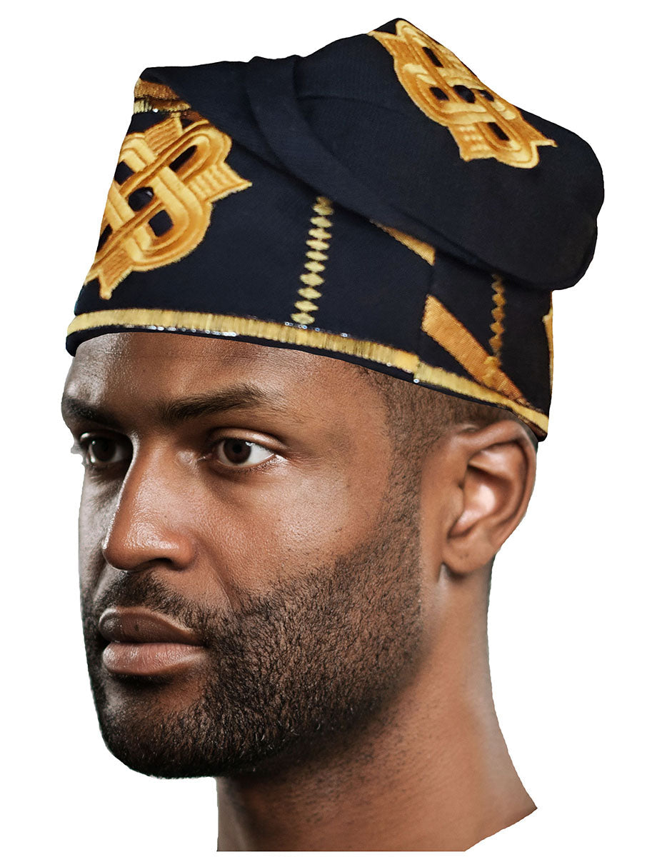 Black and Gold Embroidered African Handwoven Aso Oke Hat for Men & Women - Traditional Yoruba Headwear for Weddings, Parties & Cultural Events