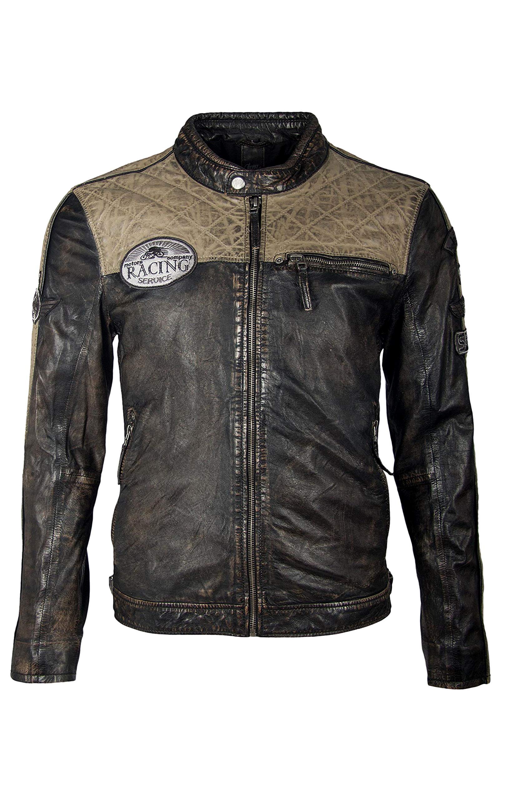Premium Mauritius Gilby RF Men's Long Sleeve Lambskin Leather Jacket in Black/Beige - Stylish Biker & Casual Outerwear for Fall & Winter Fashion