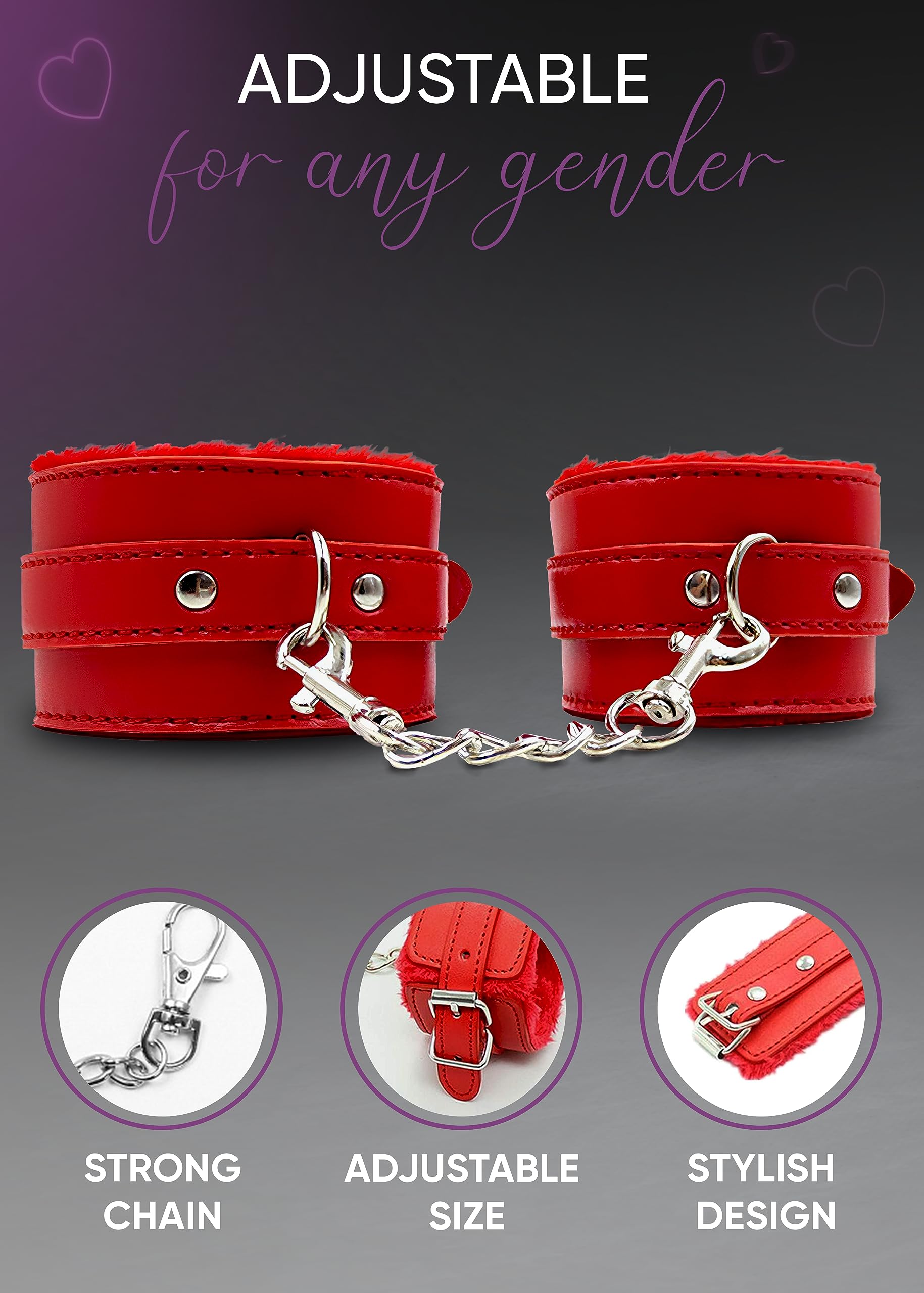 Soft Fluffy Handcuffs for Couples - Adjustable Red Fuzzy Hand Restraints with Chain - Perfect for BDSM, Role Play & Spicing Up Your Intimate Moments