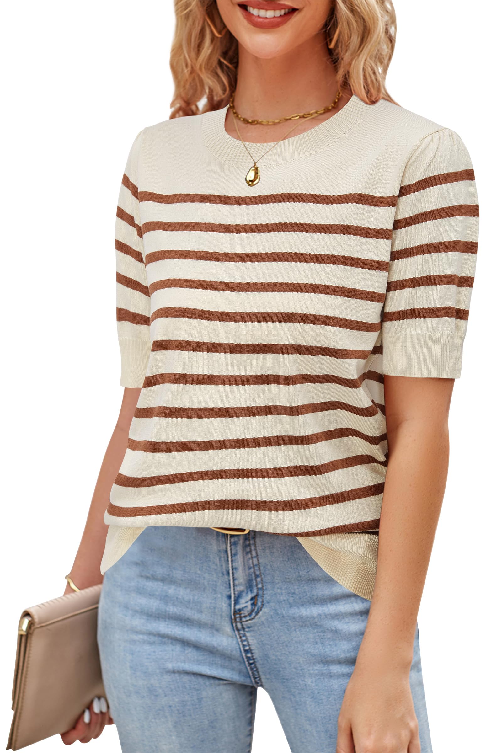 Newshows Women's Lightweight Short Sleeve Knit Sweater Top - Crewneck Casual Blouse for Summer & Fall - Office Wear, Business Casual Outfits, Date Night & Weekend Brunch