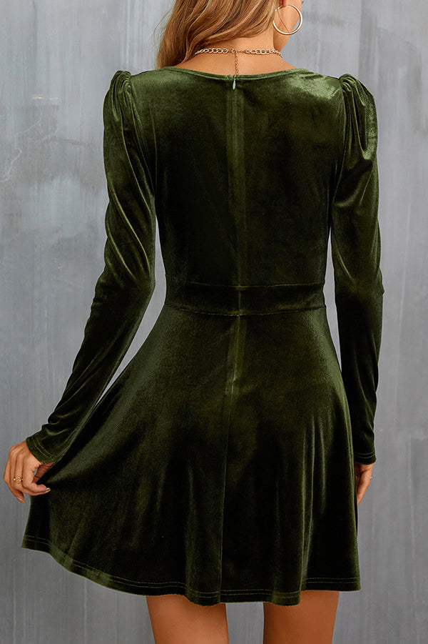 Elegant Solid Velvet V-Neck Long Sleeve Waist Mini Dress for Women | Party, Cocktail, Evening, Date Night Outfits