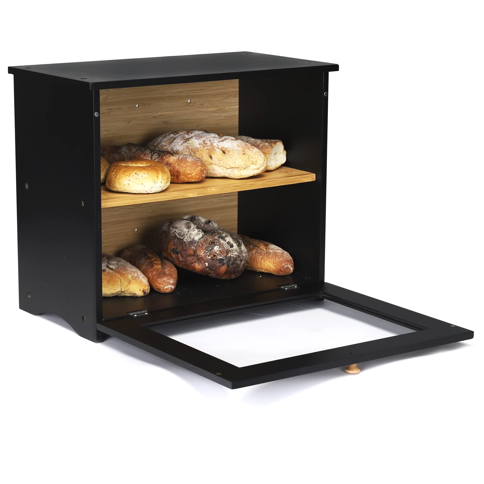 Natural Bamboo Double Layer Bread Box for Kitchen Counter - HOMEKOKO Regular Size Food Storage Container for Bread, Pastries & Baked Goods | Perfect for Pantry Organization & Countertop Display (Black)