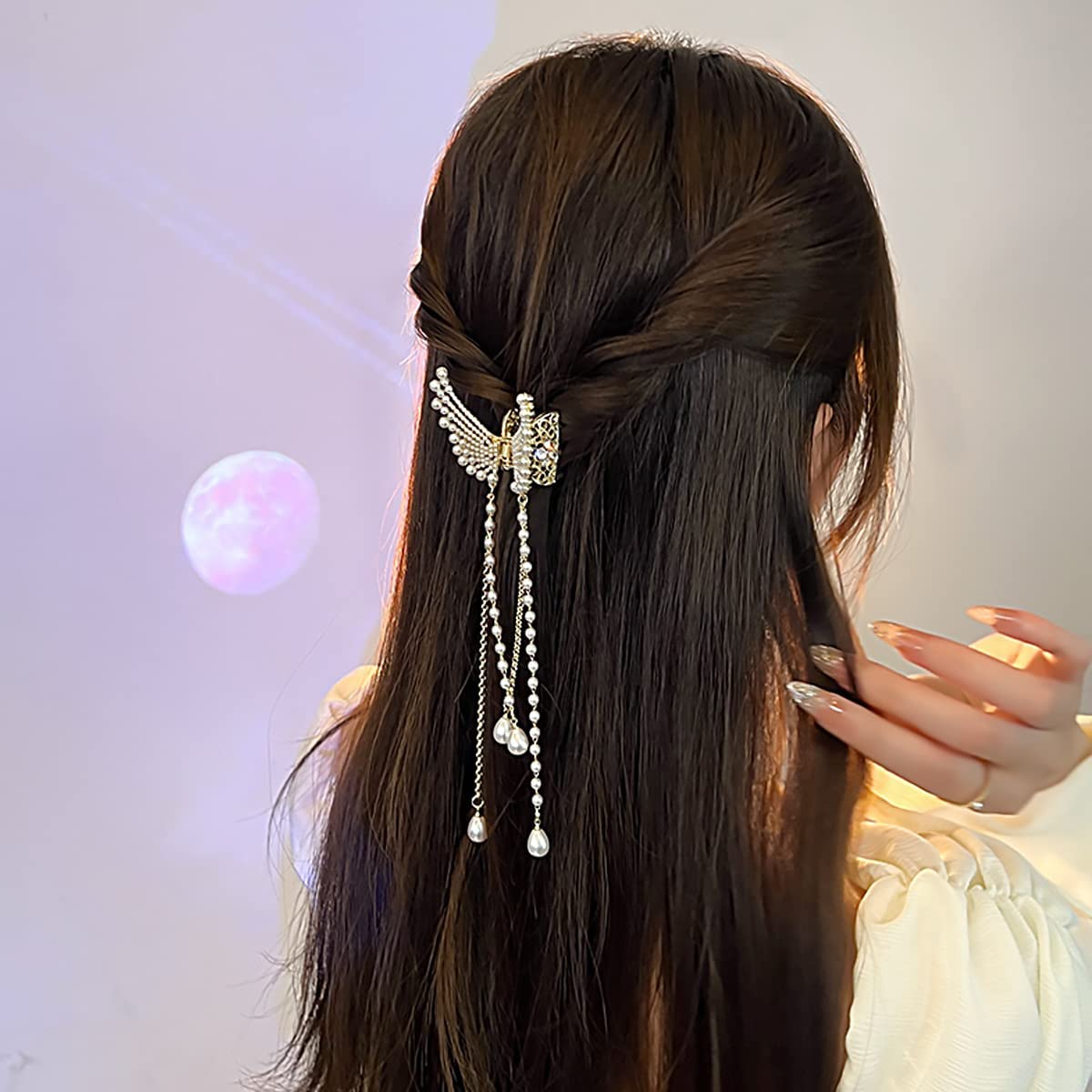NAKAS Pearl Hair Clip for Women - Elegant Butterfly Claw Clip with Stone Accents, Metal Hair Clutcher for Wedding, Party & Everyday Use | Hair Accessories for Girls & Women