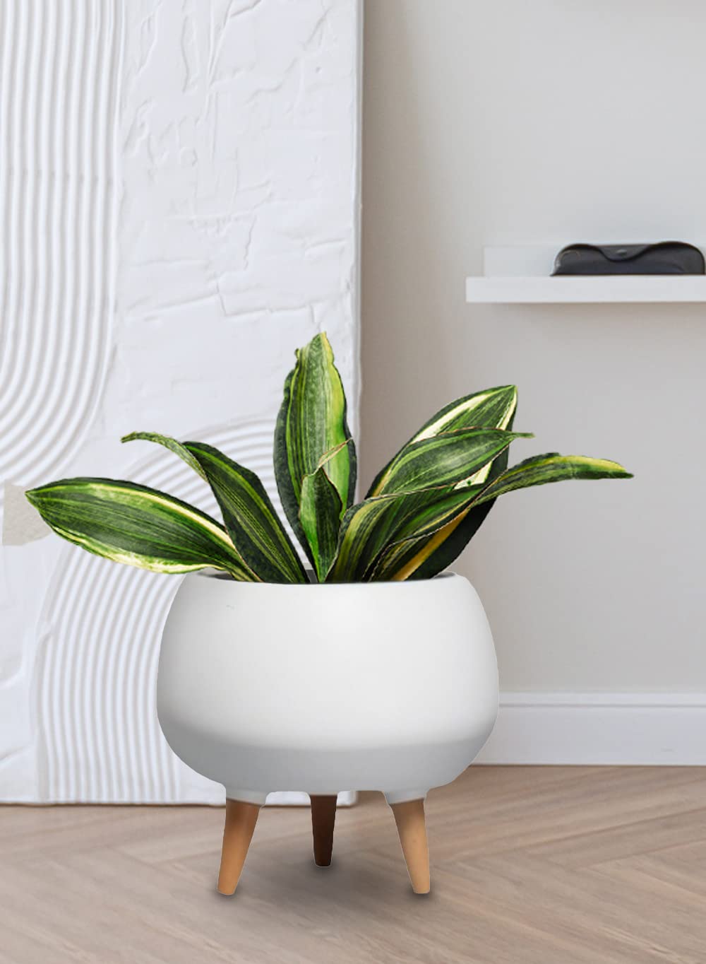 Serene Spaces Matte White Ceramic Plant Pot Holder with Wooden Legs – 9