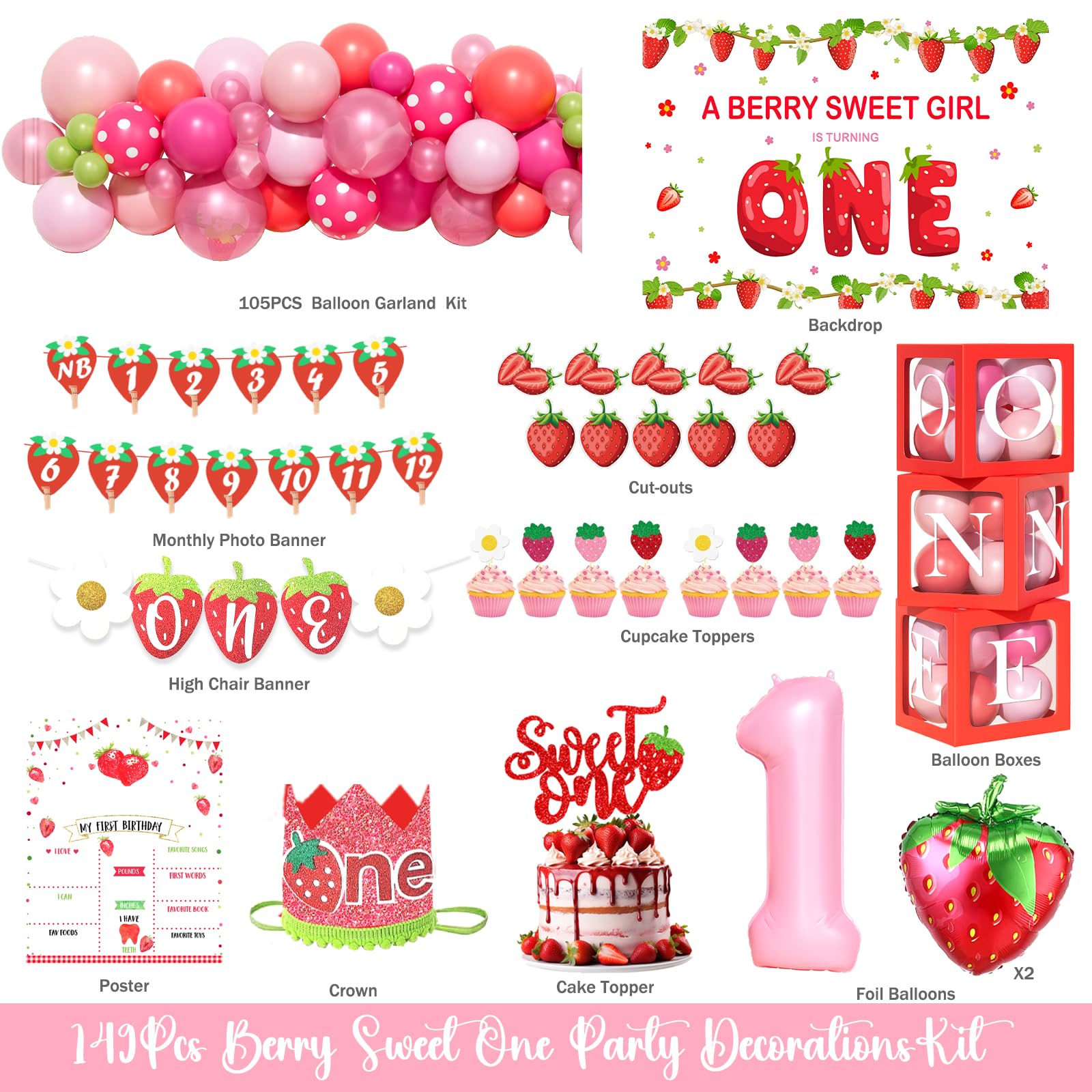 Berry First Birthday Decorations for Girls - Strawberry Themed Backdrop, Balloons, Monthly Photo Banner, Highchair Banner, Crown & Poster Set - Perfect for 1st Birthday Party, Baby Shower & Photoshoot Decorations