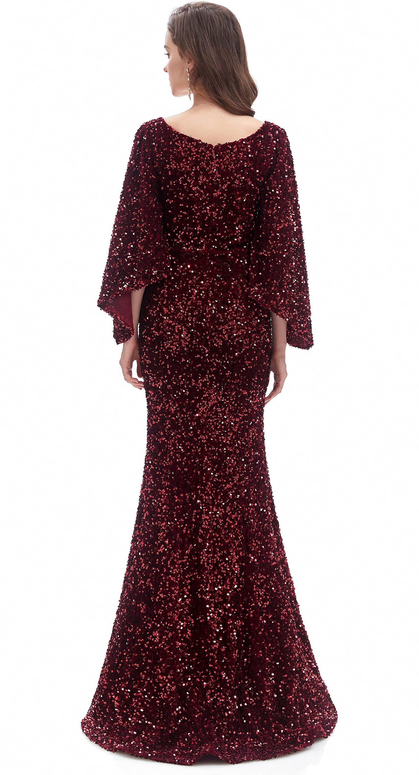 Elegant Women's V-Neck Sequin Mermaid Evening Gown with Long Sleeves - Perfect for Prom, Wedding Guest, and Formal Events