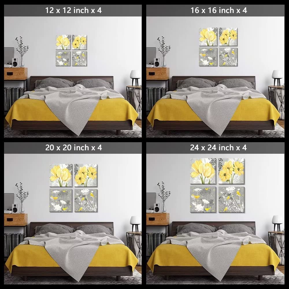 Yellow and Gray Floral Canvas Wall Art - 4 Panel Framed HDQ Picture for Bathroom Decor | Perfect for Home, Office & Spa Interior Design