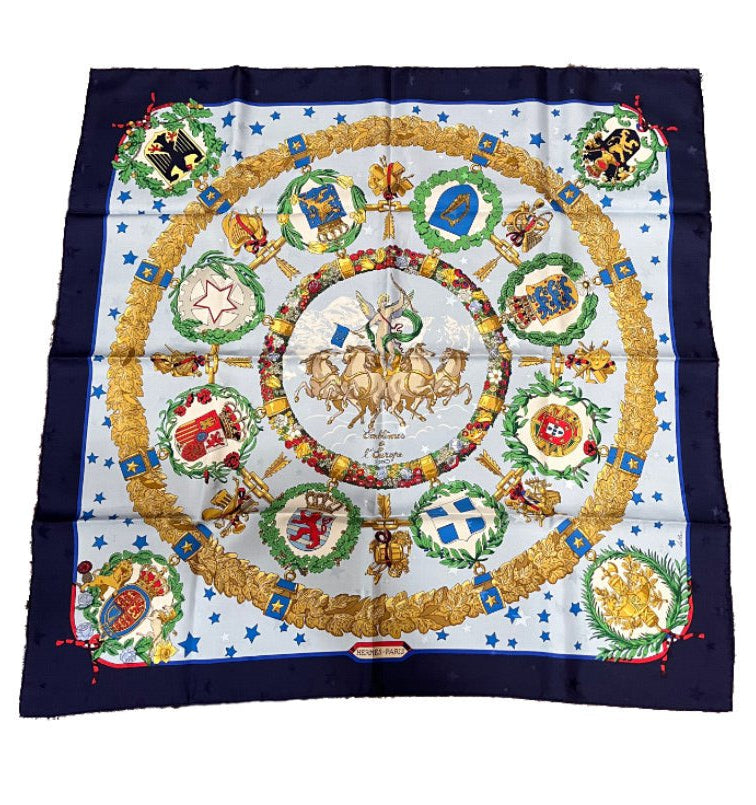Authentic Vintage Hermes Emblemes De L'Europe 90cm Silk Scarf - Rare Collectible Luxury Fashion Accessory for Women, Perfect for Gift, Party & Special Occasions
