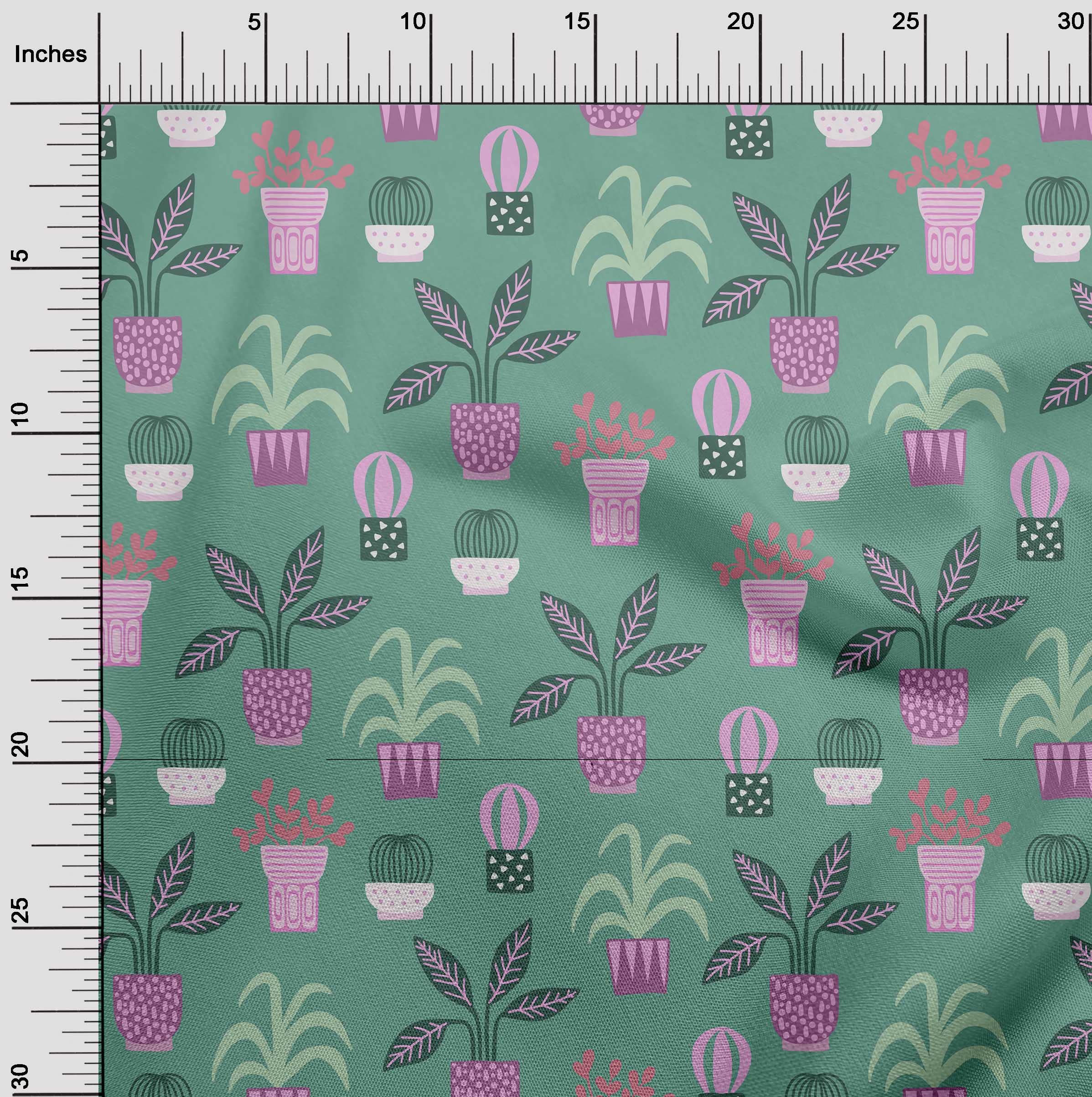 Premium Cotton Cambric Fabric - Dark Teal Green with Flower Pots Motif - 42 Inch Wide Quilting & Sewing Material by The Yard - Perfect for DIY Home Decor, Apparel, and Craft Projects