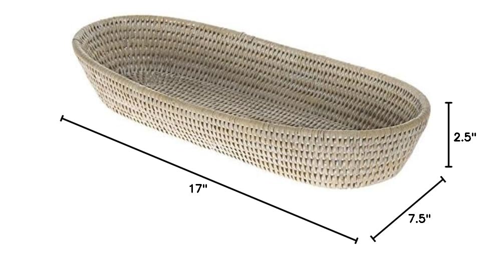 KOUBOO La Jolla Large White Washed Elongated Rattan Bread Basket - Perfect for Farmhouse Kitchen, Rustic Dining Table, and Bread Storage
