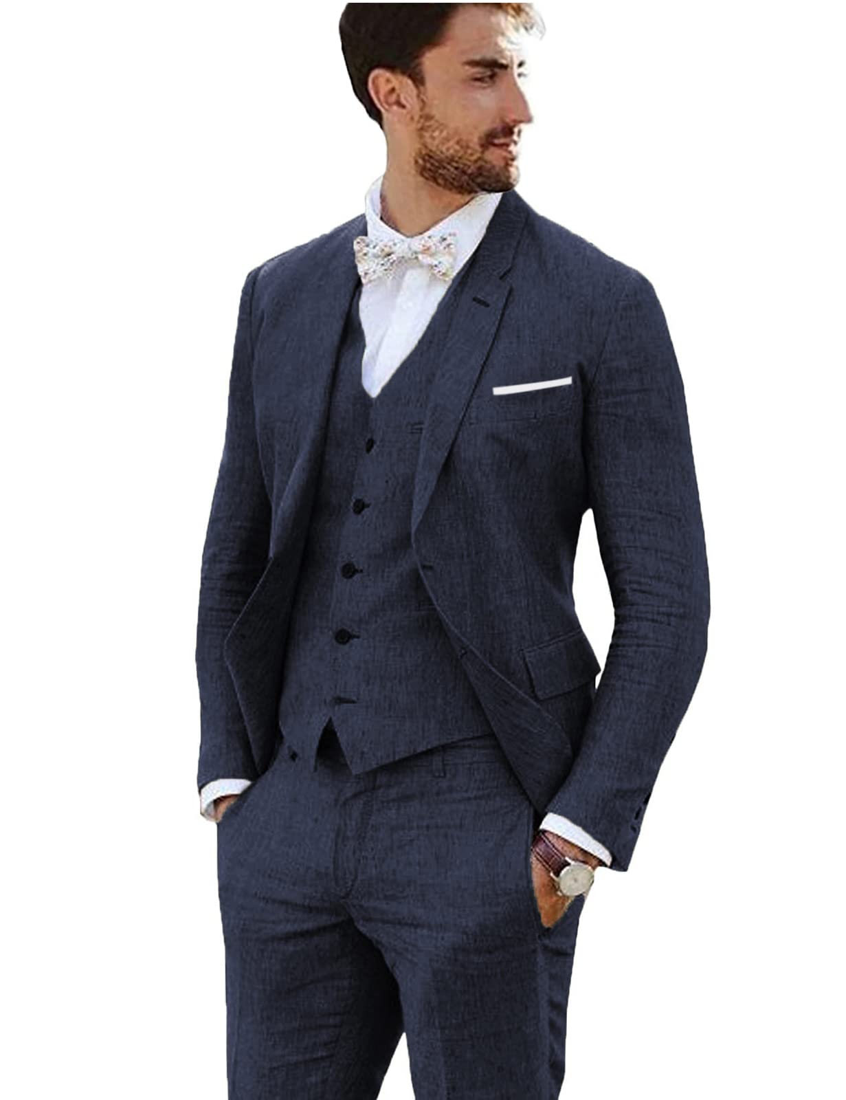 Vintage Retro 3-Piece Linen Suit for Men - Slim Fit Wedding Prom Blazer Jacket & Groom Tuxedo Set - Perfect for Formal Events, Parties and Special Occasions