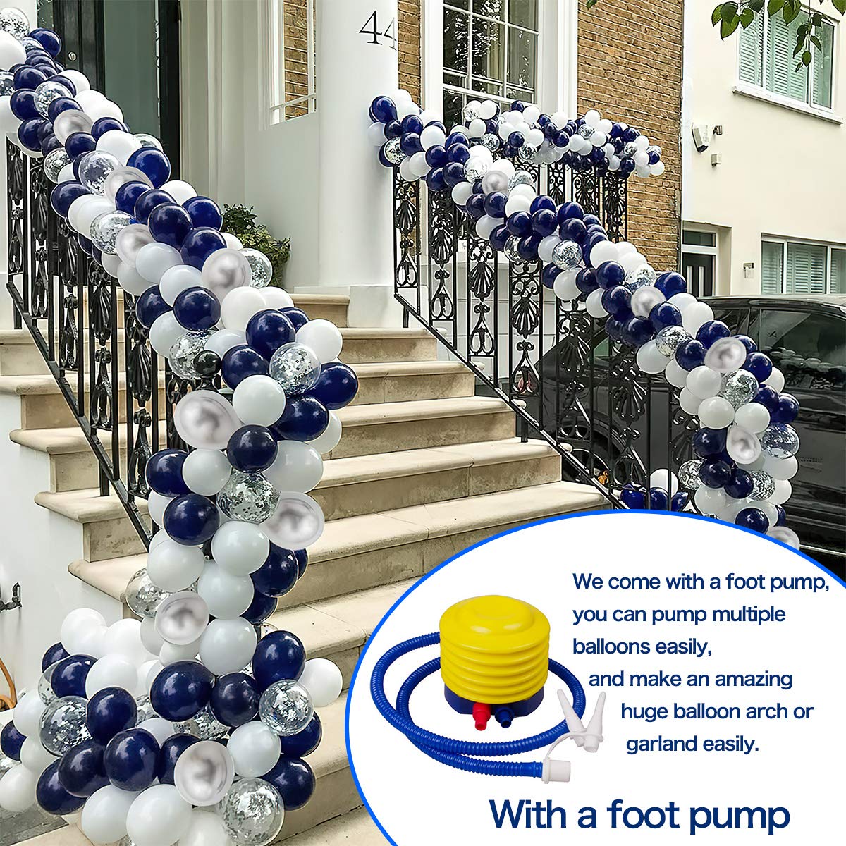 Silver Blue Balloon Arch Garland Kit - 120 pcs Navy Blue, White & Silver Confetti Latex Balloons with 16ft Tape Strip & Air Pump for Party, Wedding, Birthday, Graduation, Anniversary Decorations | Perfect for DIY Home Decor, Baby Showers, Bridal Showers, and Holiday Celebrations
