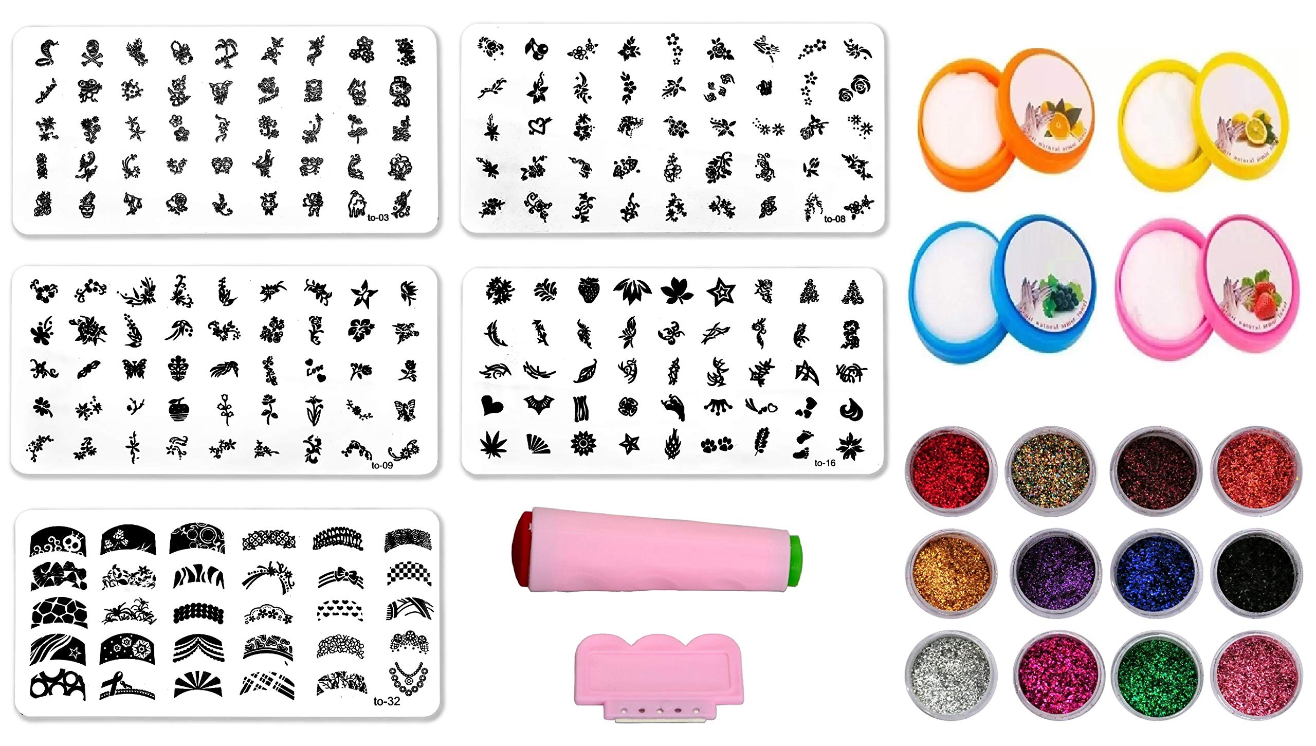 RoyalKart Mega Nail Art Kit - 3D Stamping Plates, Double-Sided Stamper, Metal Scraper, 12 Glitter Powders & Multicolor Cleaning Tissues | Professional Manicure & Nail Design Tools for Salon & Home Use