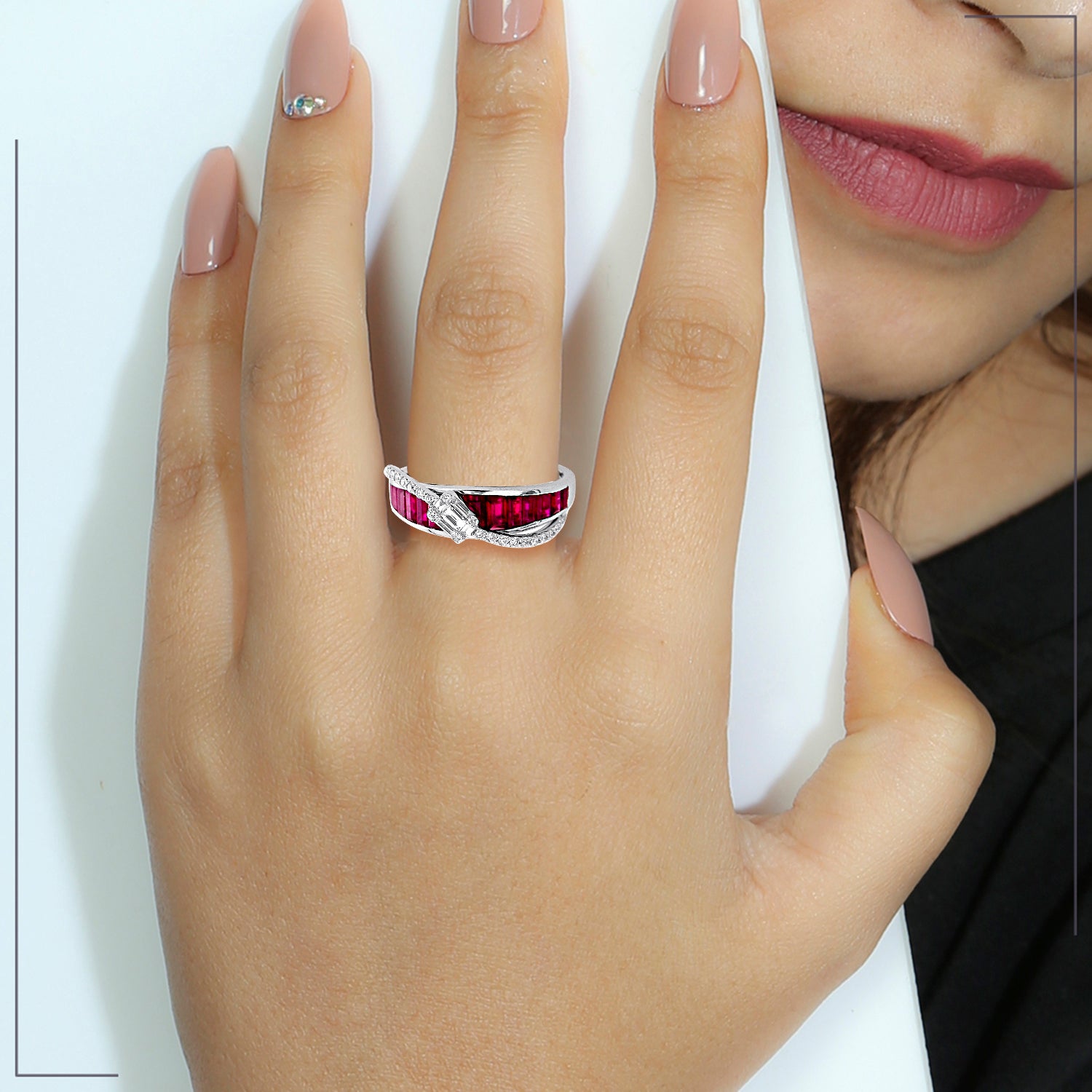 18k White Gold Channel Set Baguette Cut Ruby and Diamond Band Ring for Women – Perfect for Engagement, Wedding, Anniversary & Special Occasions