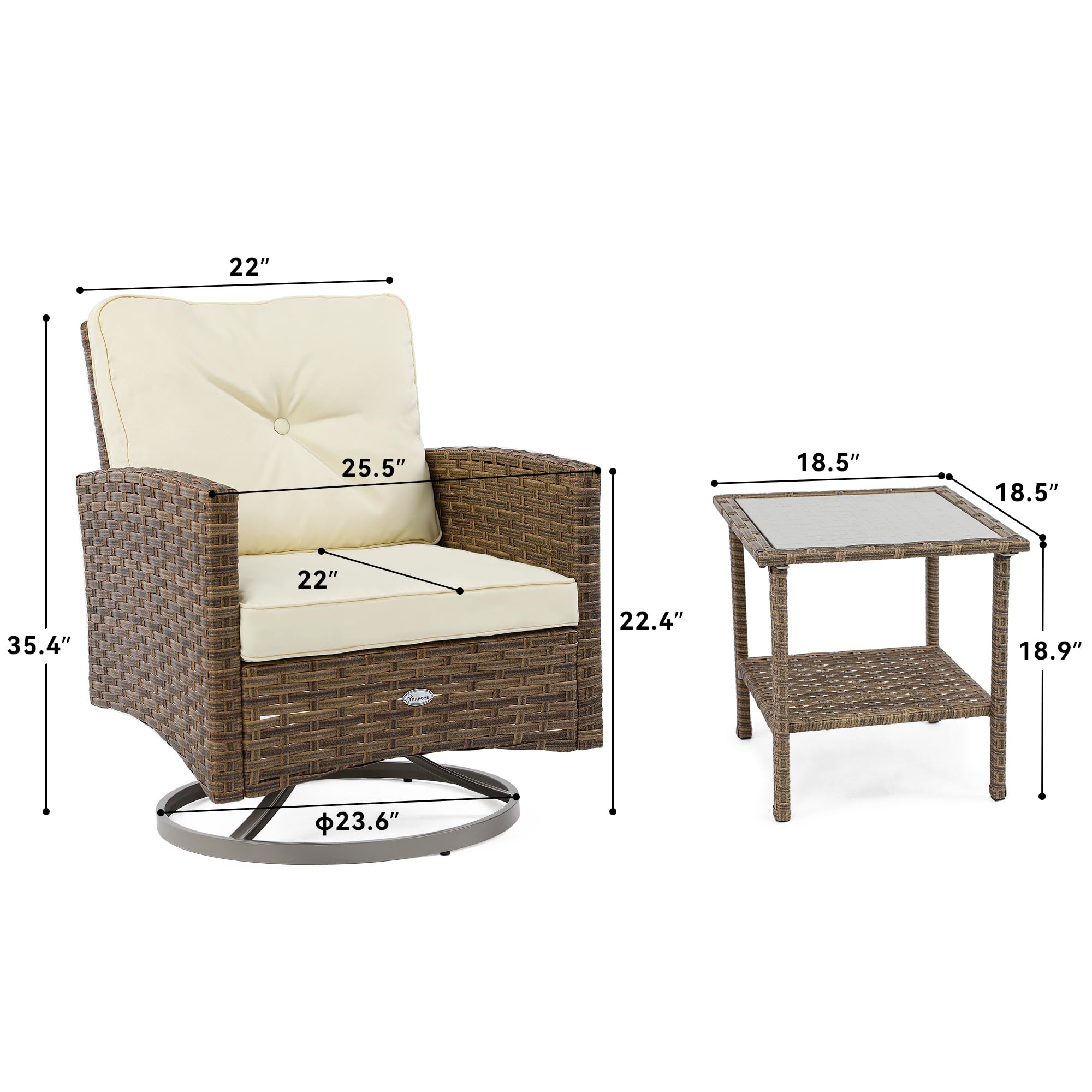 YITAHOME 3-Piece Outdoor Patio Furniture Set - Wicker Rocking Chairs with Cushions & Side Table - Tan Rattan Conversation Bistro Set for Garden, Backyard, Balcony - Perfect for Relaxing, Entertaining & Enjoying Coffee Outdoors