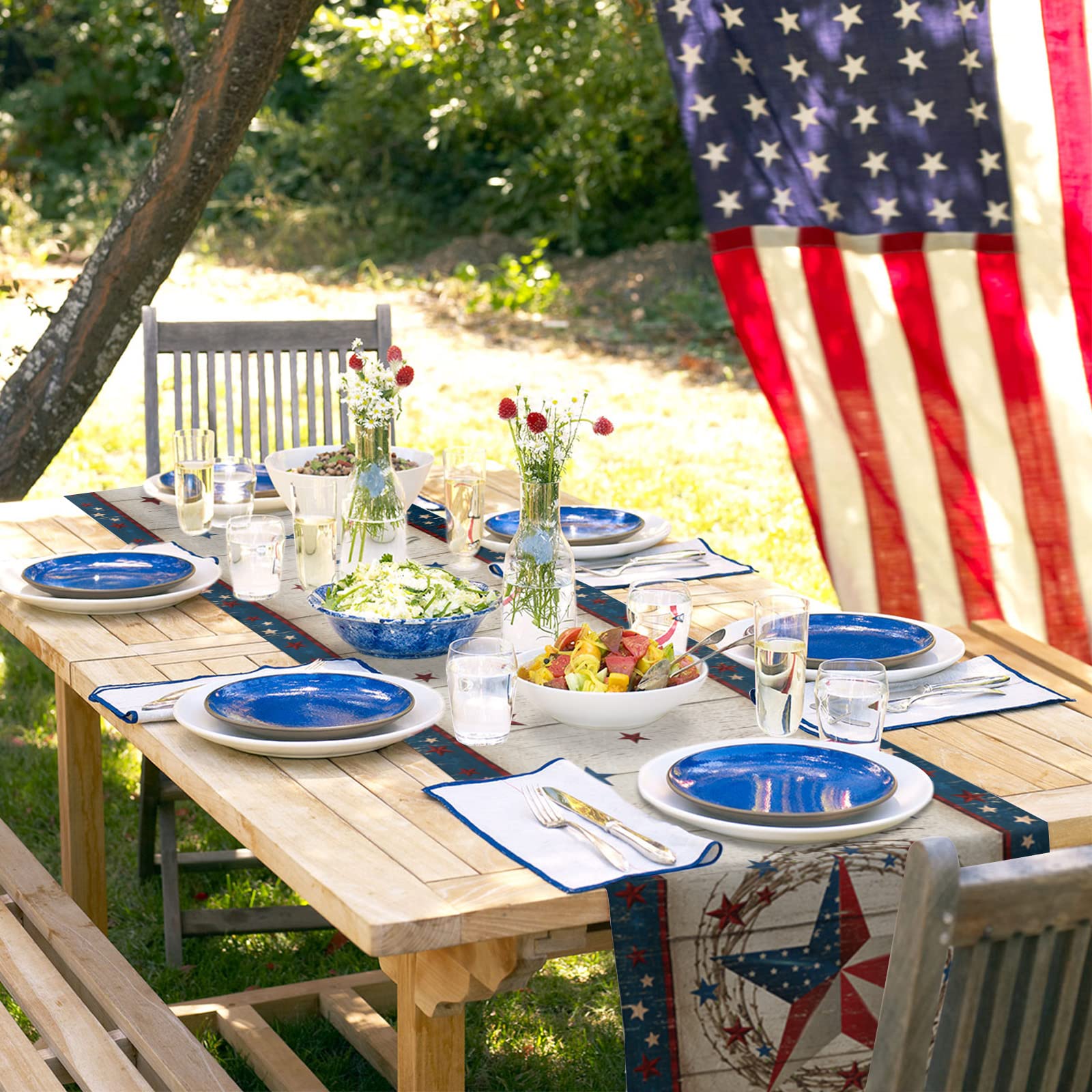 4th of July Patriotic Stars Table Runner 120 Inches Long - Farmhouse Rustic Cotton Linen Tablecloth for Wedding, Party & Home Decor - Perfect for Dining Tables, Coffee Tables & Dressers - USA Independence Day Celebration Decor