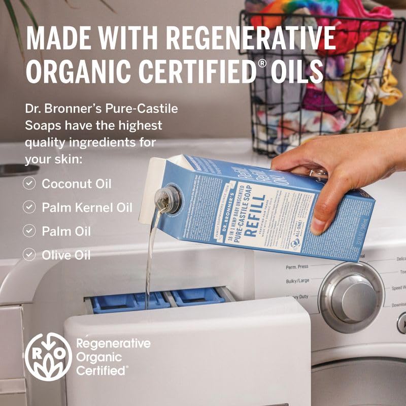 Dr. Bronner's Pure-Castile Liquid Soap Refill - Organic Certified, 82% Less Plastic - 18-in-1 Multipurpose Soap for Face, Body, Hands & Baby Care - Unscented, 32oz - Perfect for Home, Travel & Eco-Friendly Living