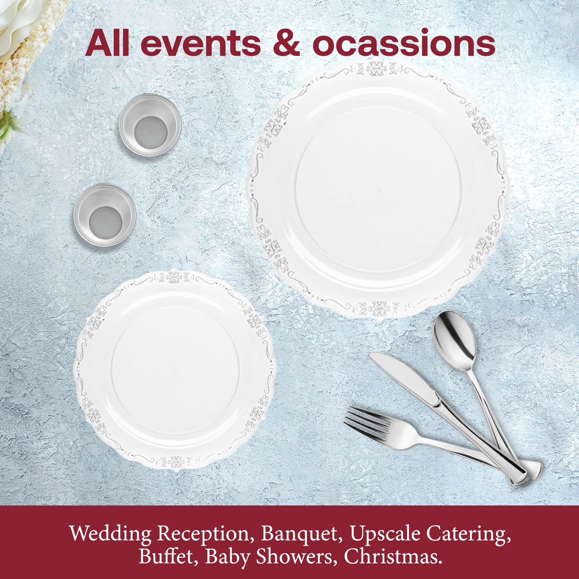 Smarty Had A Party Elegant Plastic Plates Wedding Value Set for 120 Guests - Clear with Silver Plates, Silverware & Clear Plastic Cups | Perfect for Weddings, Bridal Showers & Formal Events