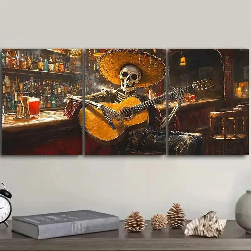 3-Piece Skeleton Playing Guitar in Bar Wall Art Set - 40x60cm Framed Canvas Prints | High Quality Australian Made | Ready to Hang | Perfect for Home, Office & Bar Decor