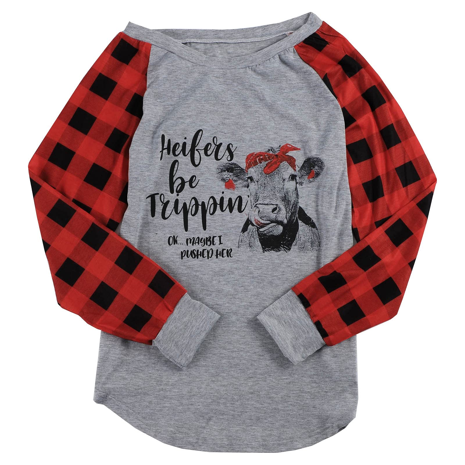 Women's Casual Long-Sleeve Pullover Top - Heifer Be Trippin Letter Print & Plaid Stitching - Dressy or Everyday Wear for Work, Dates & Fall Outfits