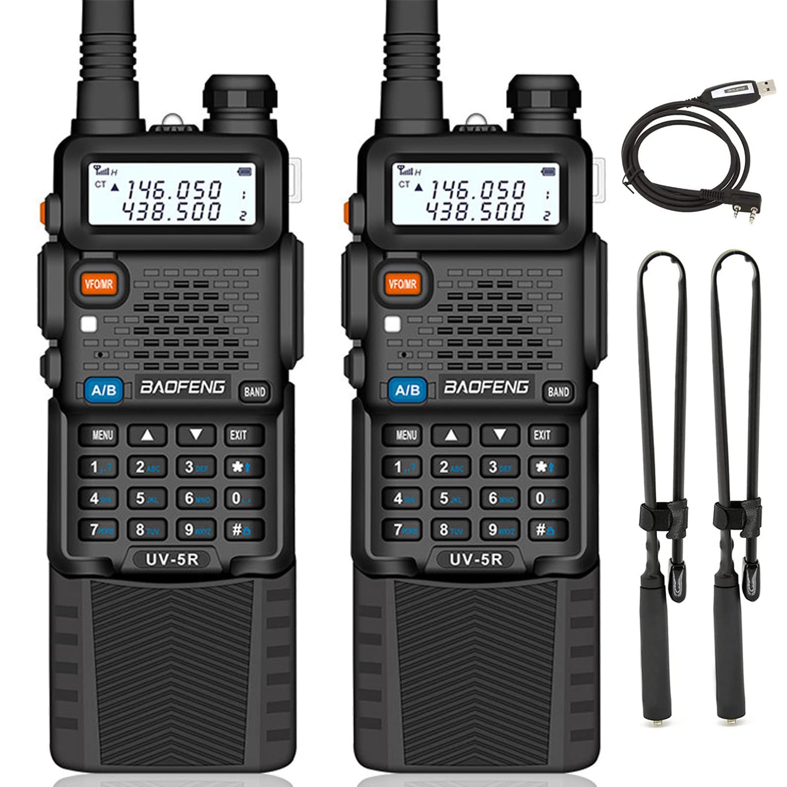 Baofeng UV-5R Plus 8W Dual Band VHF/UHF Ham Radio 2 Pack - Long Range Two Way Radios for Adults with High Gain Antenna, Programming Cable & Earpiece - Ideal for Outdoor Adventures, Emergency Communication, and Tactical Operations