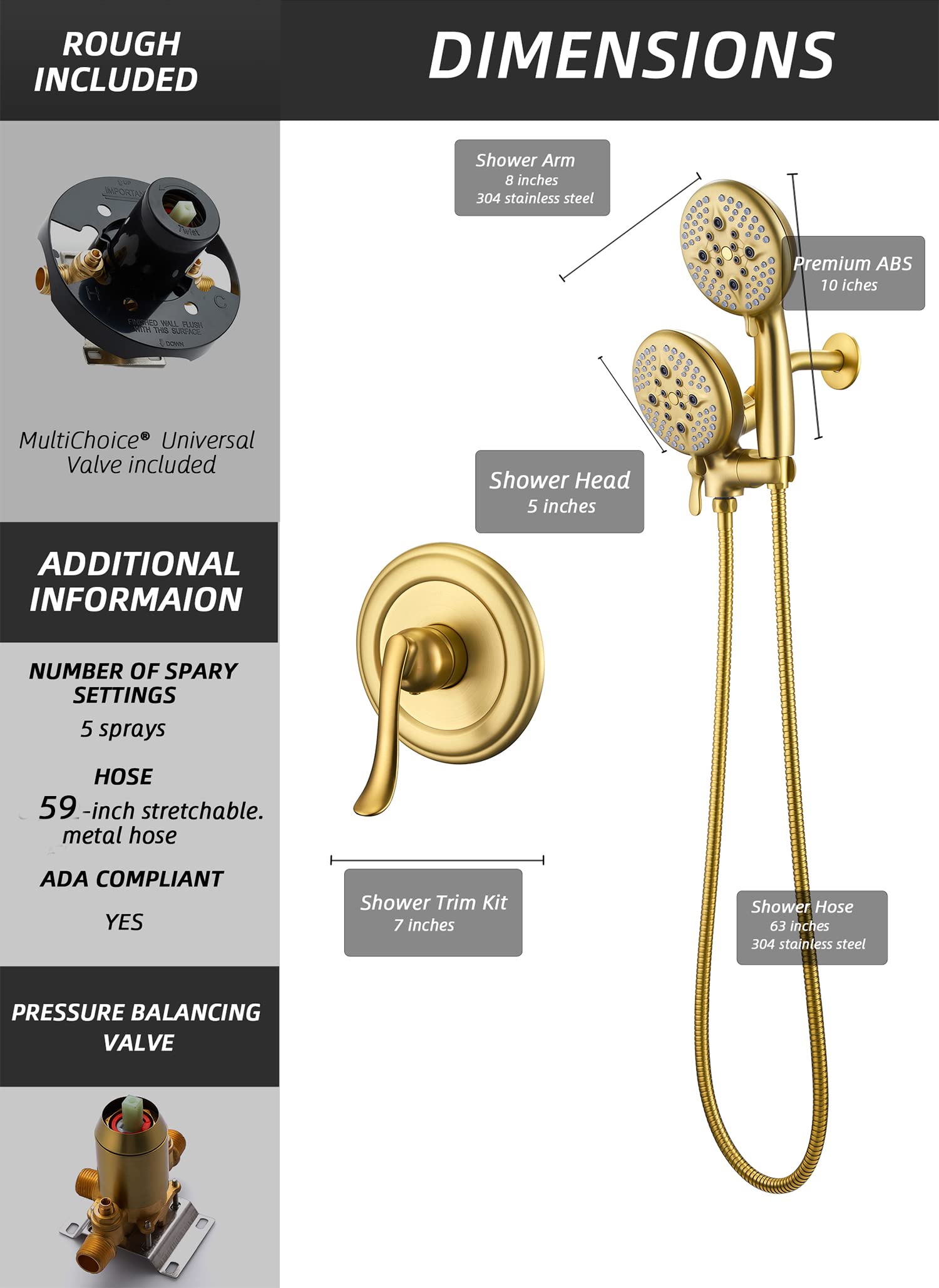 ELLO&ALLO Brushed Gold Shower Faucet Set - Complete Bathroom Shower System with Mixing Valve, Trim Kit & Rough-in Valve - Perfect for Modern Home Renovation & Luxury Bathroom Upgrade