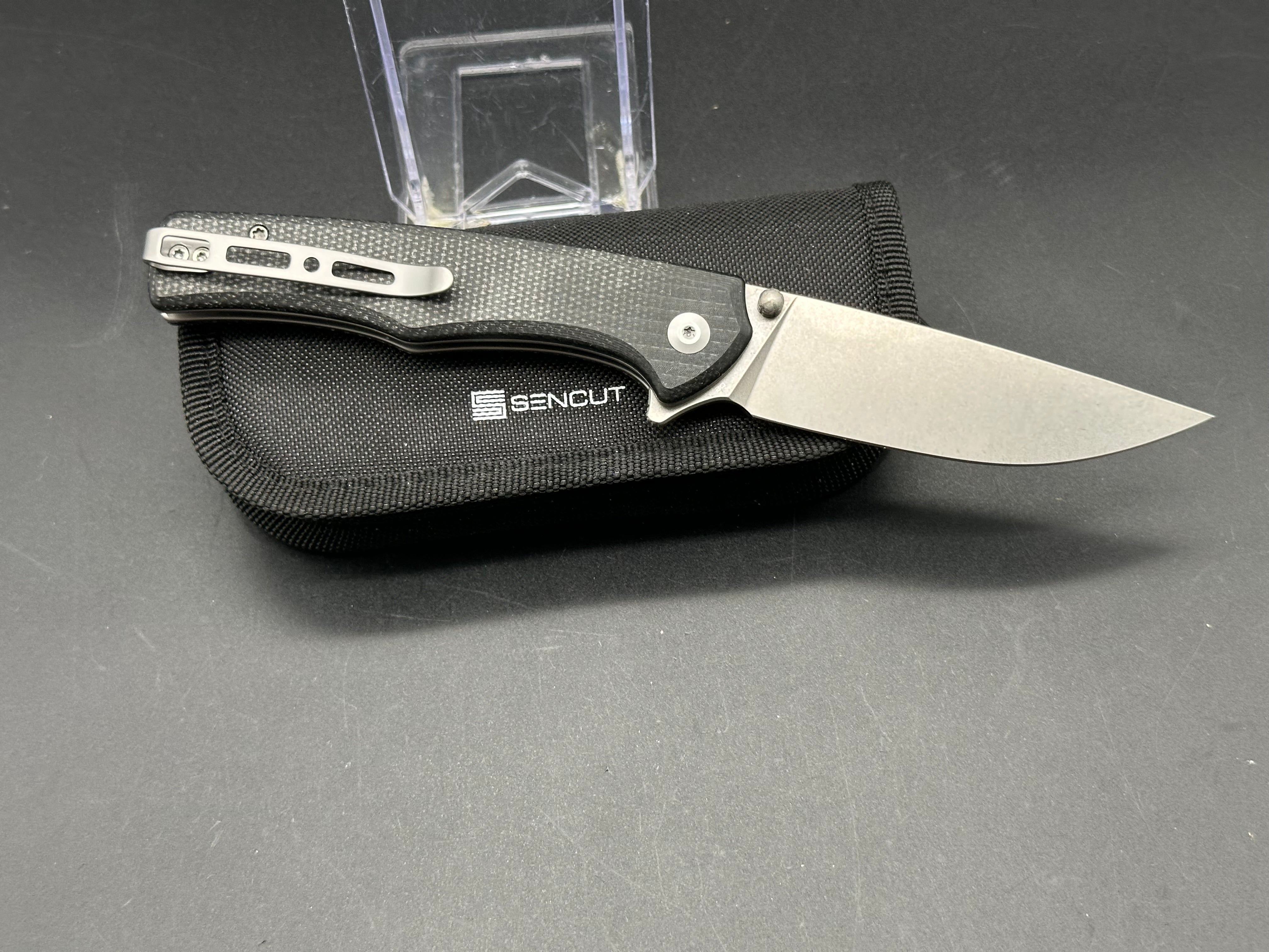 SENCUT Crowley Button Lock Pocket Knife - Black Micarta Handle, 3.48