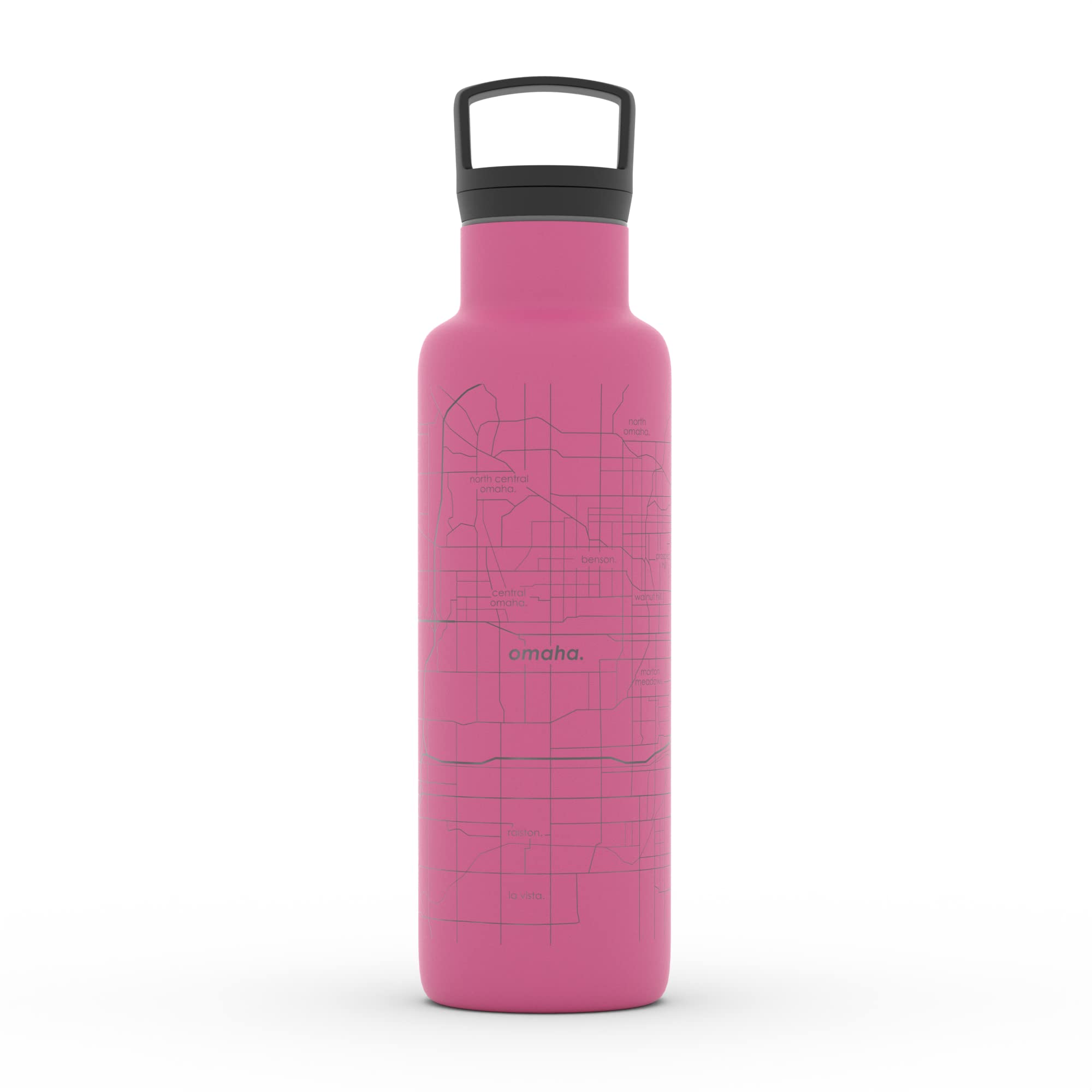 Personalized Omaha Nebraska Map Stainless Steel Insulated Water Bottle - 21oz Sunset Pink, Double-Wall Vacuum Insulation, Custom Etched City Map Design - Perfect for Hiking, Camping, Gym & Outdoor Activities