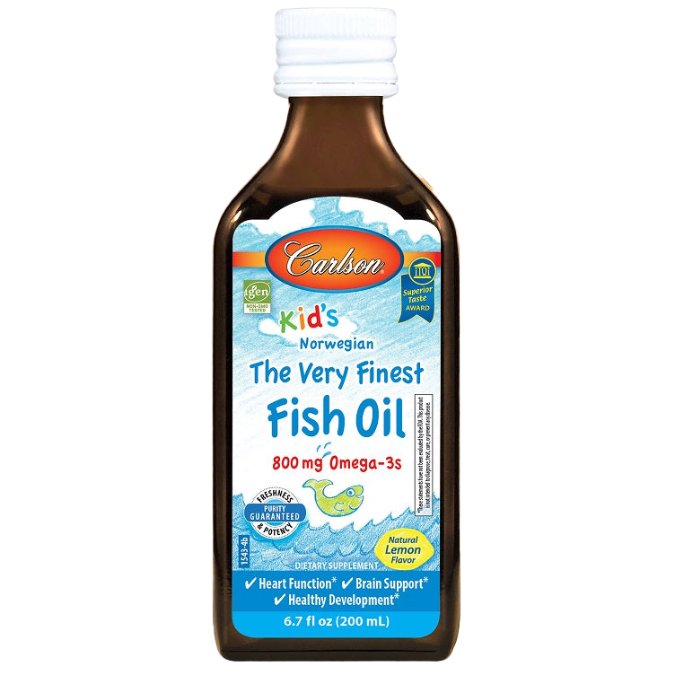 Carlson Labs Kid's The Very Finest Fish Oil - 800mg Omega-3 with Natural Lemon Flavor, 200ml Bottle - Supports Brain Development & Immune Health for Children - Perfect for Daily Supplement or Smoothie Boosting