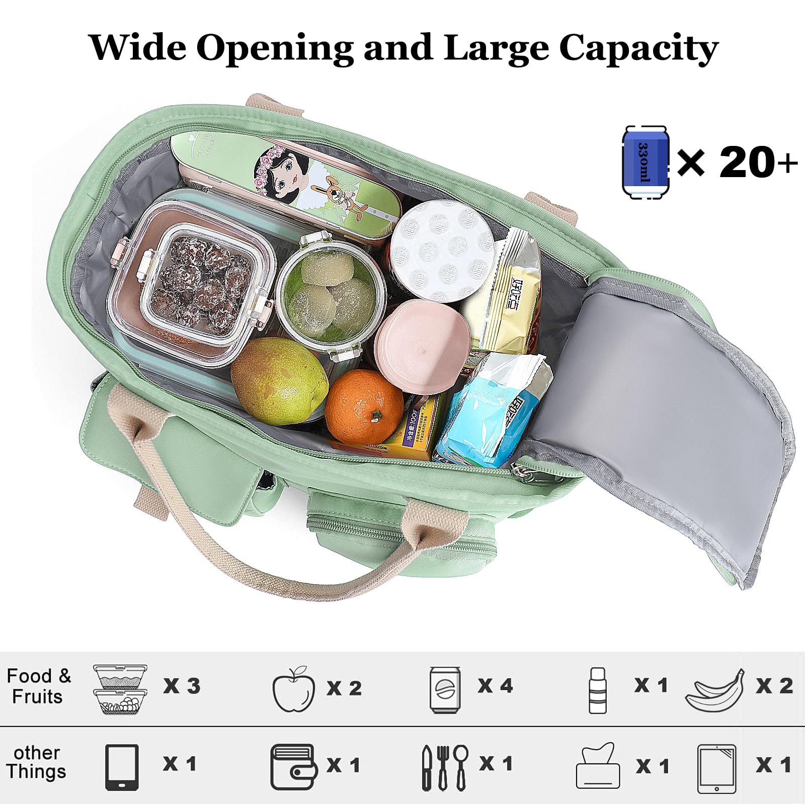 Hafmall Large Insulated Lunch Bag for Women & Men - Leakproof Lunch Box with Shoulder Strap, Wide Opening Reusable Lunch Tote for Work, Office, School, Picnic, Travel & Outdoor Activities - Eco-Friendly Green Lunch Bag