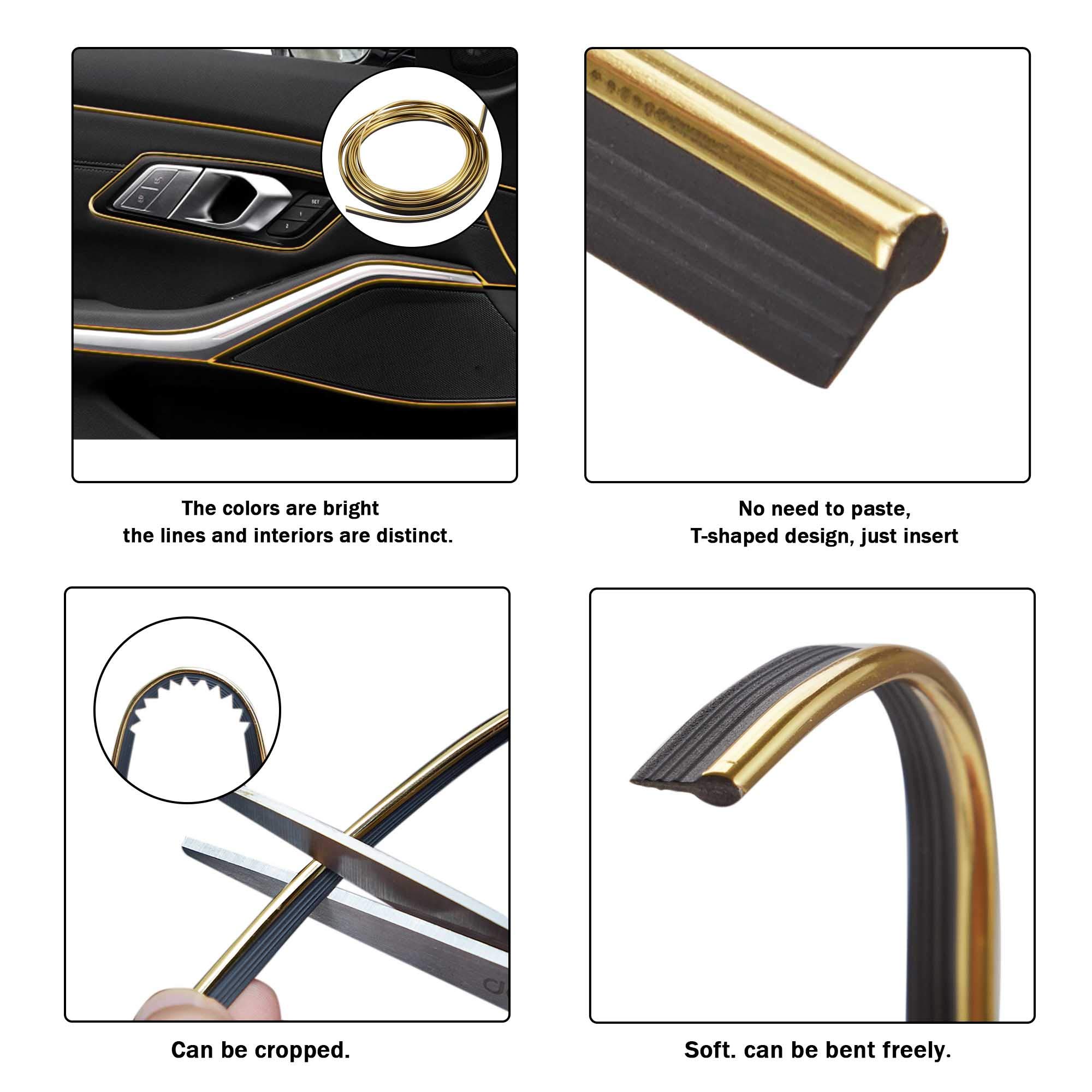 TOMALL Flexible Car Interior Moulding Strip - 5M(16ft) Electroplated Gold Dashboard Trim for Decoration & Protection - Easy Installation with Tools - Perfect for Sedans, SUVs & Luxury Vehicles