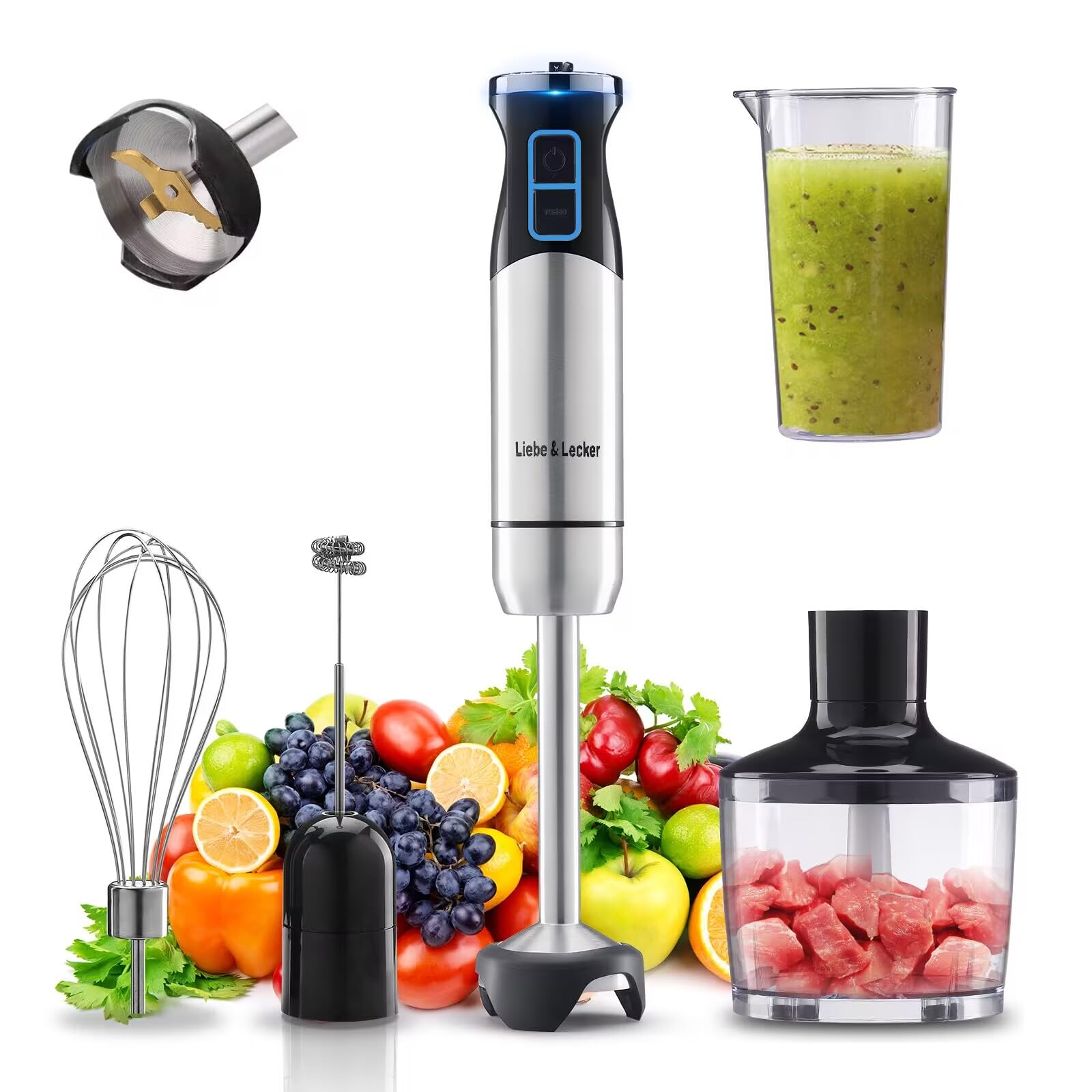 Liebe&Lecker 5-in-1 Immersion Hand Blender with 8-Speed Control, Whisk & Milk Frother Attachments - Powerful Corded Stick Mixer for Baby Food, Smoothies, Soups & Baking | Ideal for Kitchen, Home Cooking & Meal Prep
