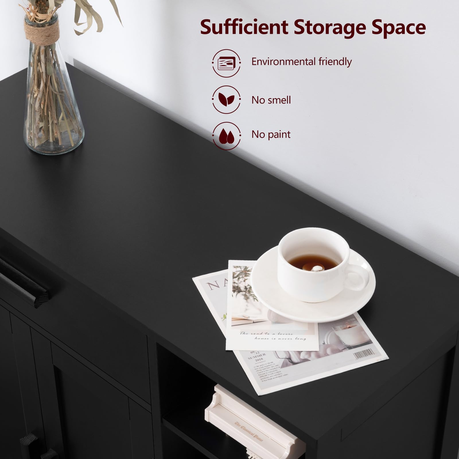 WEENFON Freestanding Storage Cabinet with Doors, Drawers & Shelves - Bathroom Organizer, Coffee Bar Cabinet for Living Room - Black (Perfect for Small Spaces & Home Organization)