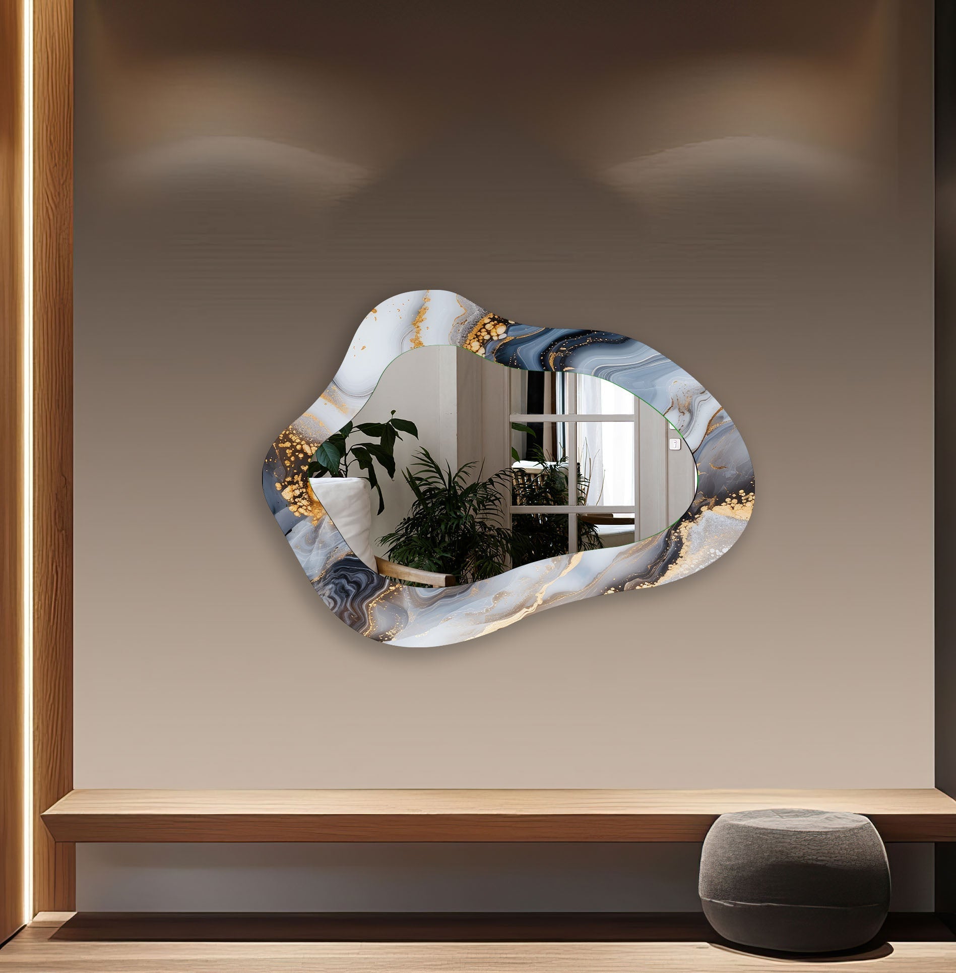 Handmade Asymmetrical Grey Alcohol Ink Wall Mirror - Unique Home Decor for Living Room, Bedroom, or Bathroom - Modern Abstract Art Piece for Wall Hanging