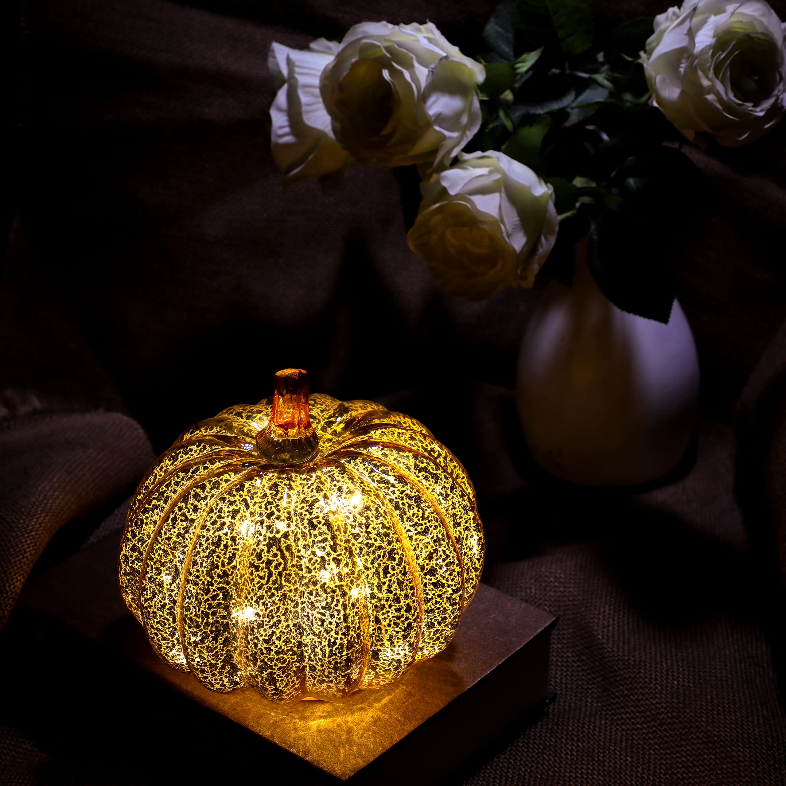 Romingo Gold Mercury Glass Pumpkin Light with Timer - 5.5 Inch Halloween, Fall, Thanksgiving & Christmas Decor - Perfect for Table Centerpieces, Porch Displays, and Seasonal Home Decoration