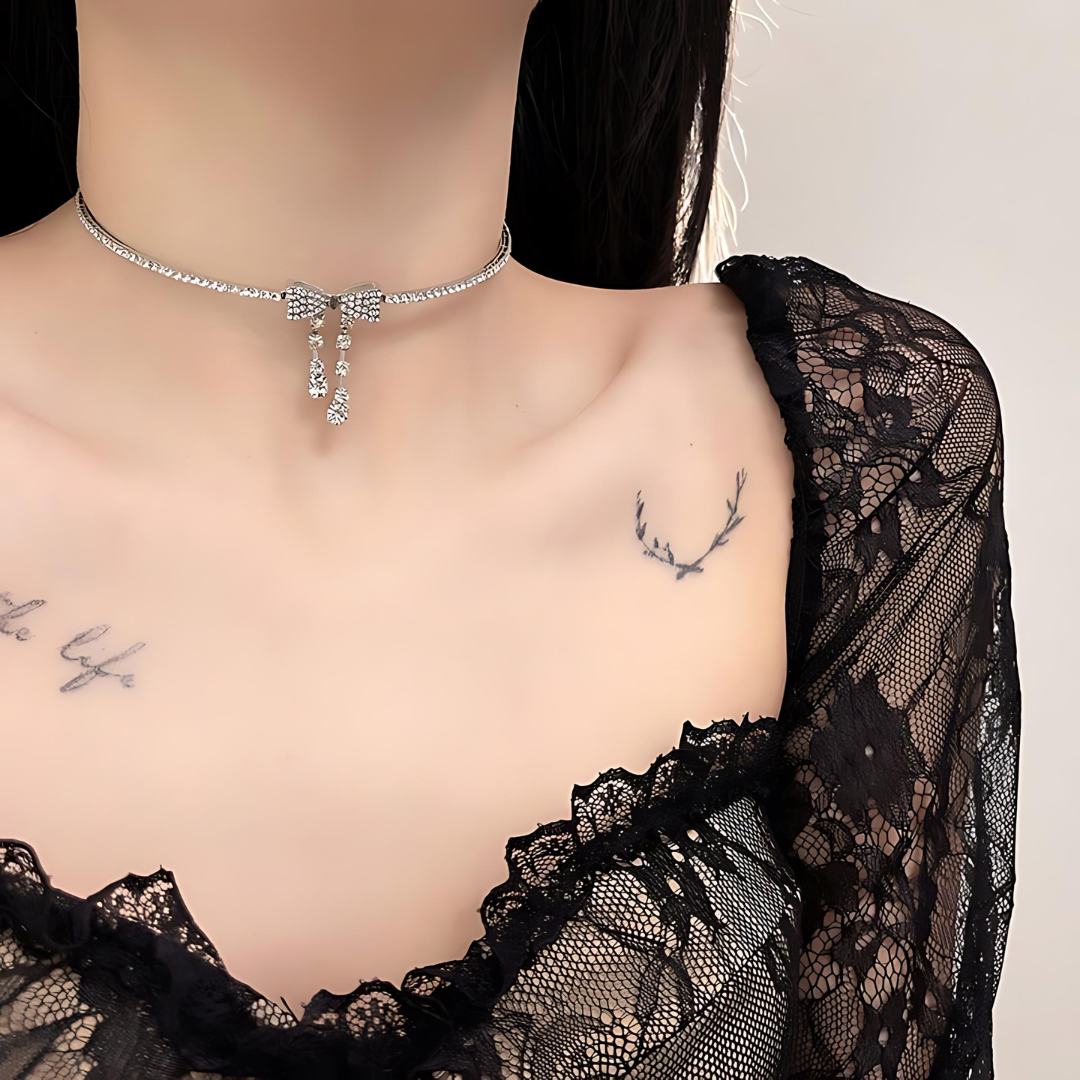 Elegant Feminine Ribbon Bowknot Tassel Choker Necklace for Women | HN2968 | Perfect for Parties, Weddings, and Special Occasions