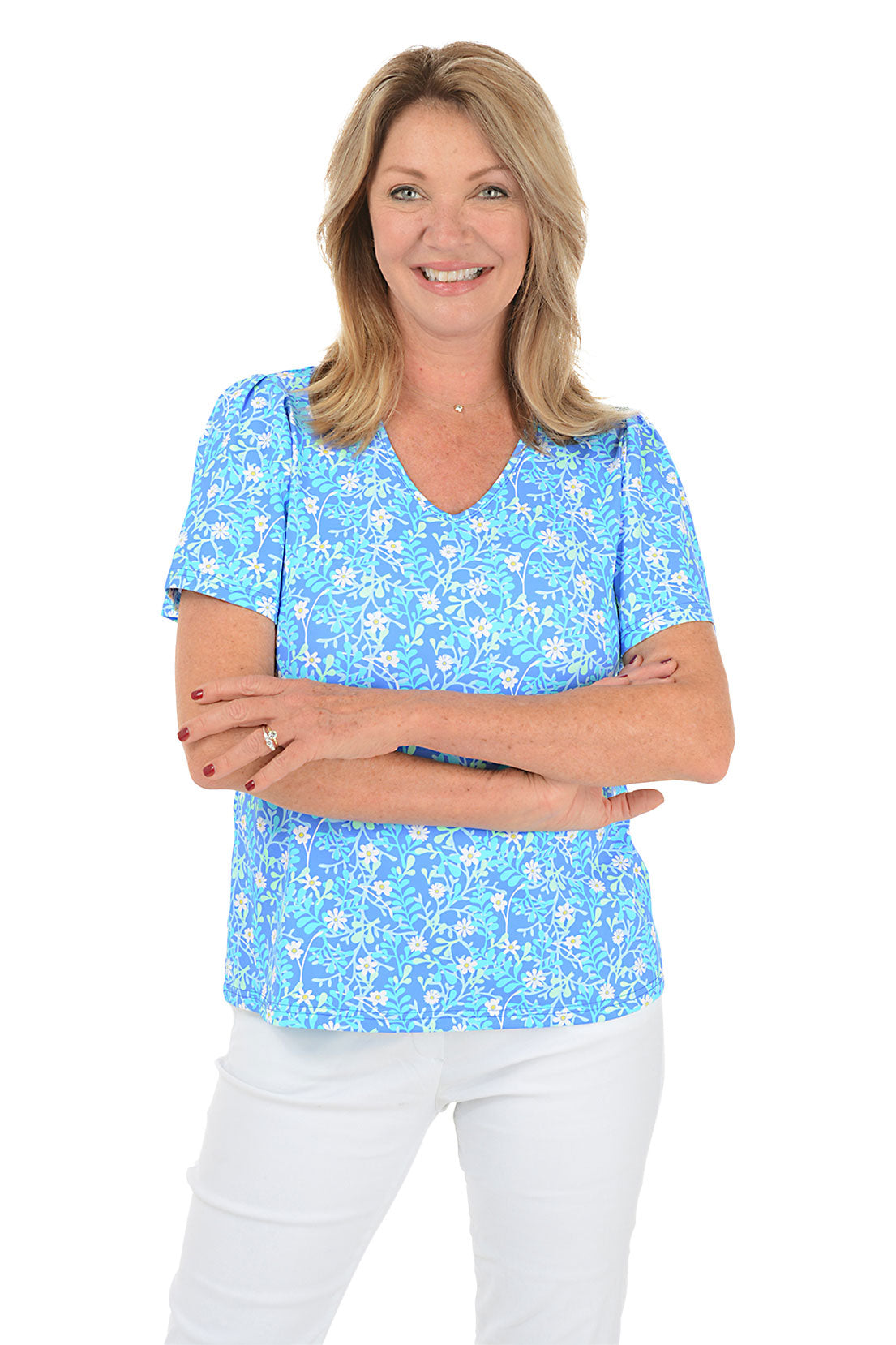 UPF50+ Spring Garden Flutter Sleeve Sun Protection Top - Women's Lightweight Floral Blouse for Outdoor Activities, Beach & Summer Vacations