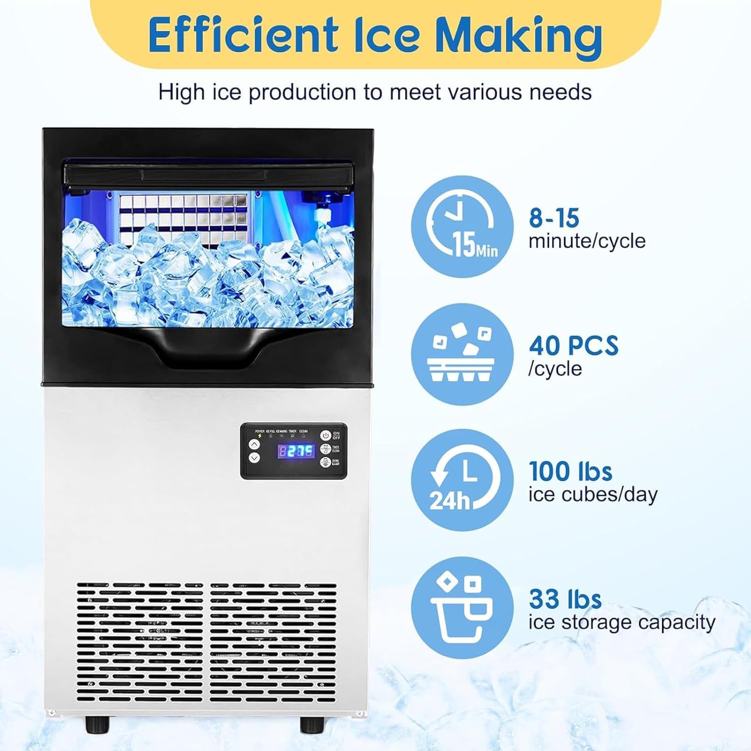 Commercial Ice Maker Machine 100 Lbs/24H, Stainless Steel Freestanding Ice Machine with 33LBS Storage Bin - Fast Ice Production in 5-15 Minutes - Under Counter Ice Maker for Restaurants, Bars, Coffee Shops & Home Use - Perfect for Beverage Service, Parties & Commercial Kitchens - Ideal for Cocktail Bars, Outdoor Events, and Catering Services