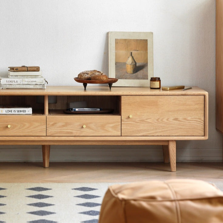 Solid Oak Wood TV Stand - Modern Entertainment Center with Storage Shelves for Living Room, Bedroom & Home Theater